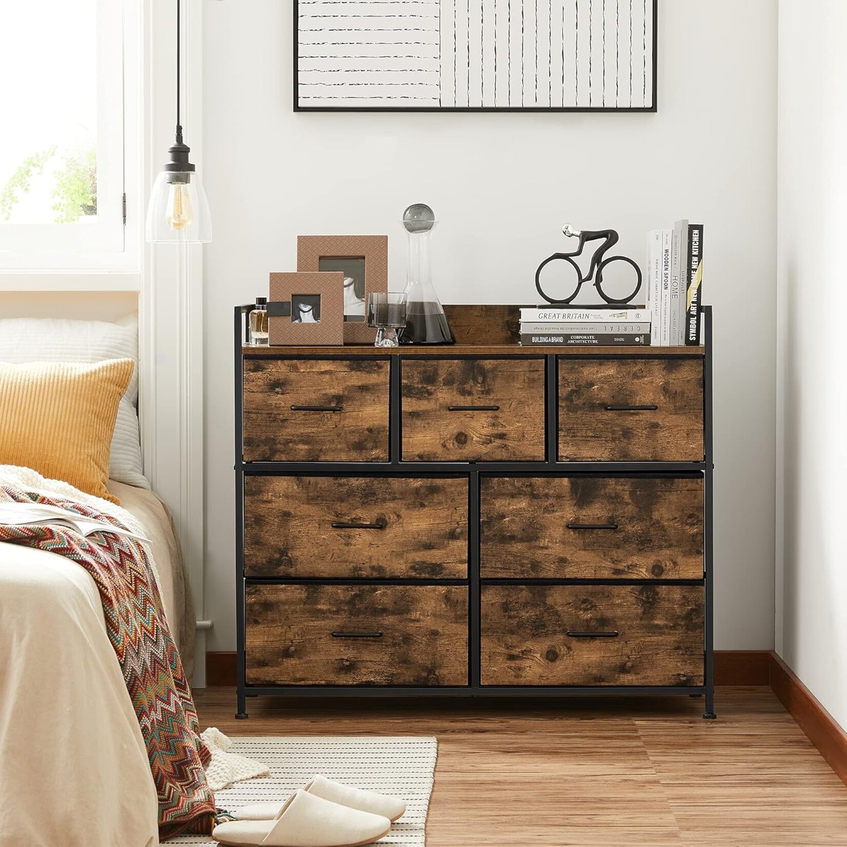 Parya Home Industrial Dresser – Storage cabinet with 7 fabric drawers and metal frame, rustic brown-black