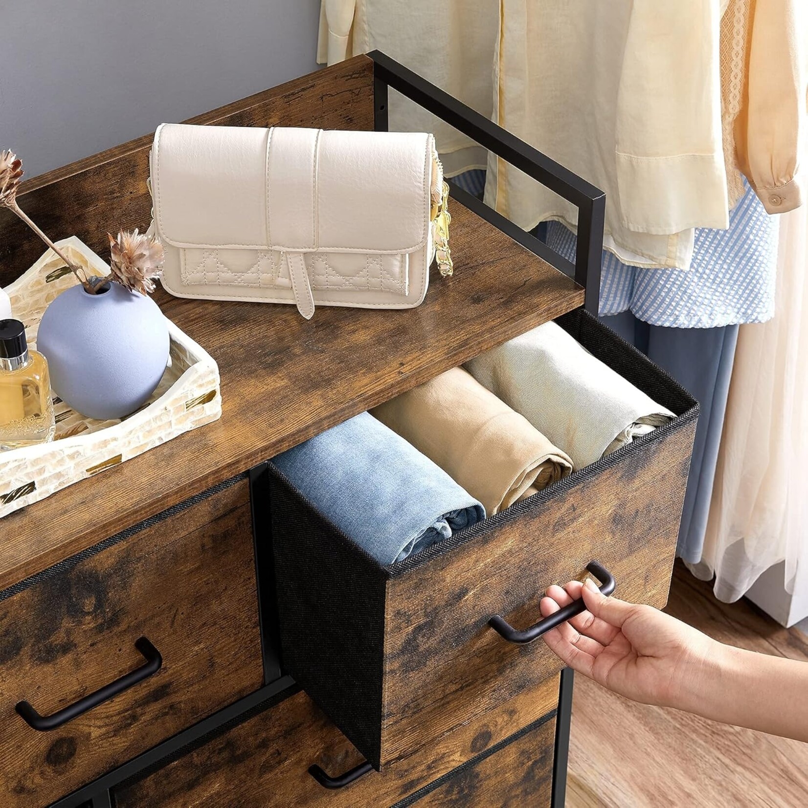 Parya Home Parya Home Industriële Commode – Opbergkast met 7 stoffen laden en metalen frame, rustiek bruin-zwart