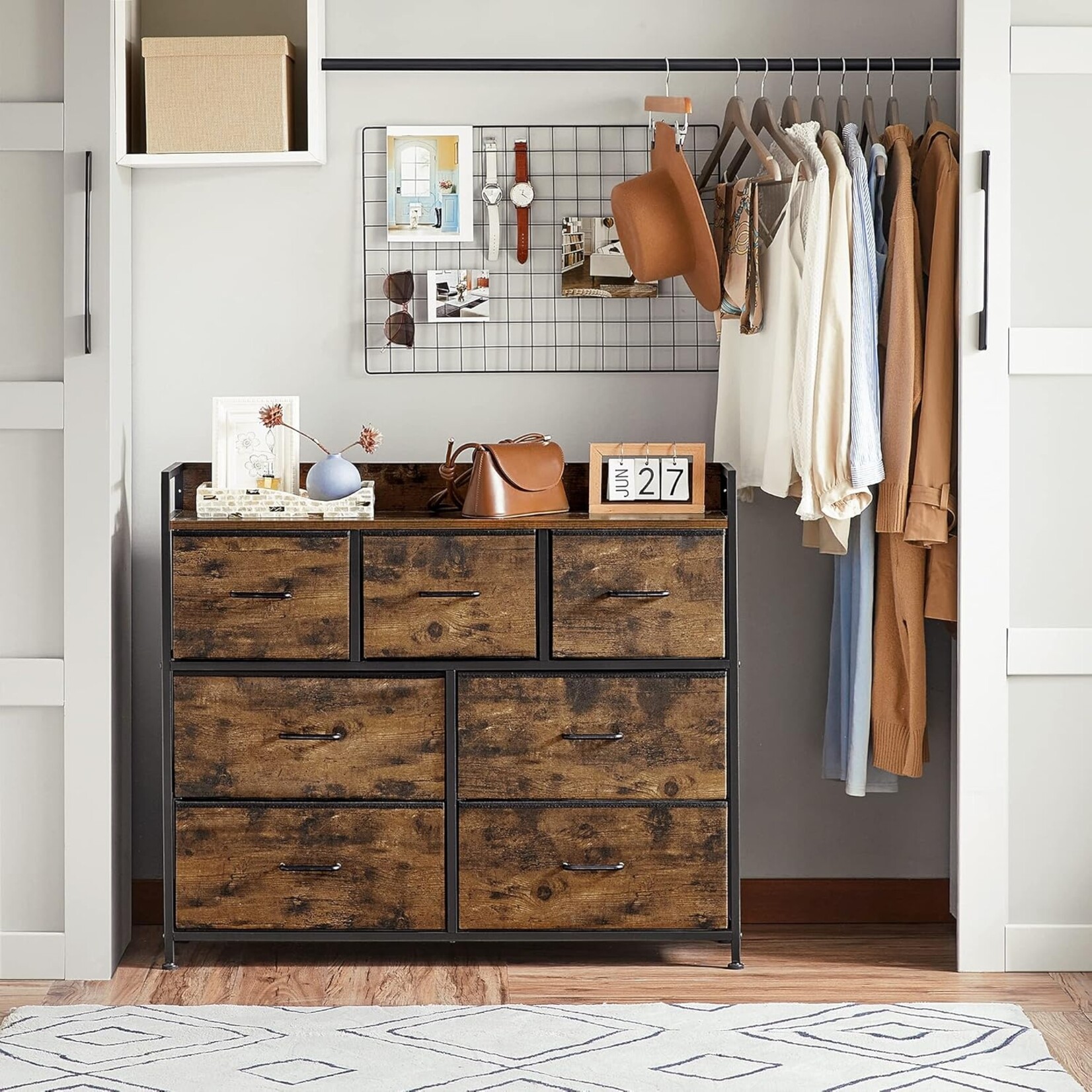 Parya Home Industriële Commode – Opbergkast met 7 stoffen laden en metalen frame, rustiek bruin-zwart