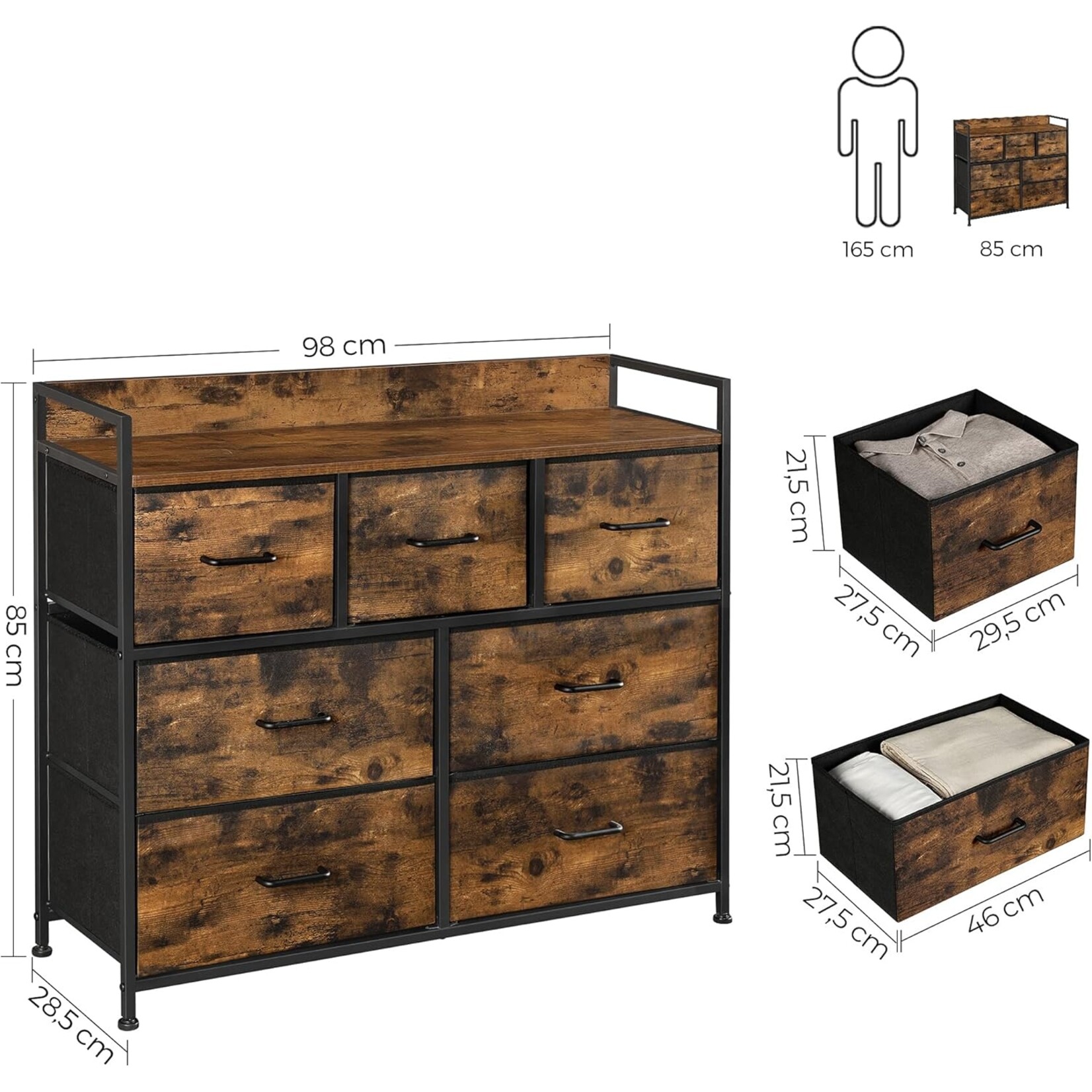 Parya Home Industrial Dresser – Storage cabinet with 7 fabric drawers and metal frame, rustic brown-black