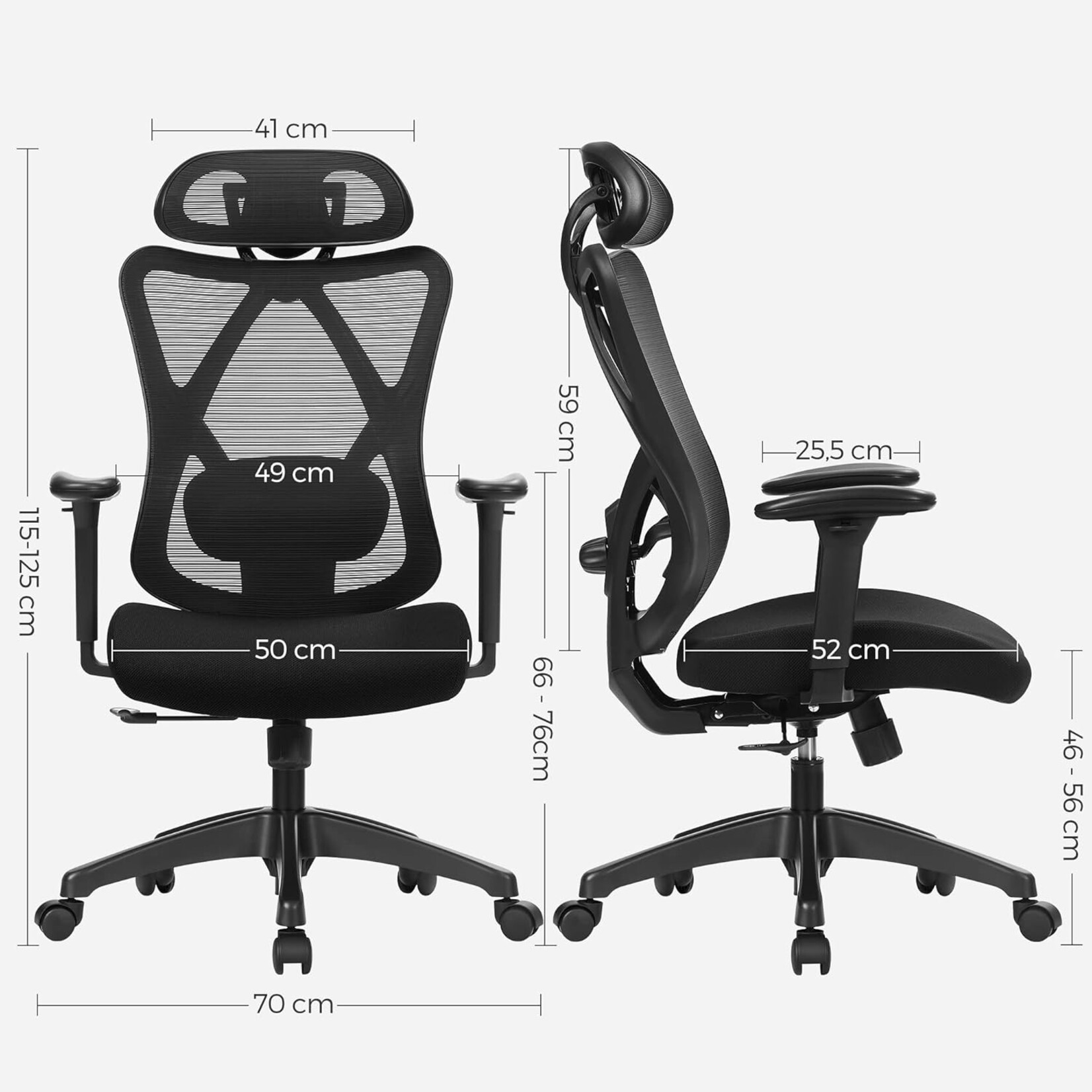 Parya Home Ergonomische Bureaustoel – Verstelbare computerstoel met lendensteun en hoofdsteun, belastbaar tot 150 kg, in hoogte verstelbaar, zwart