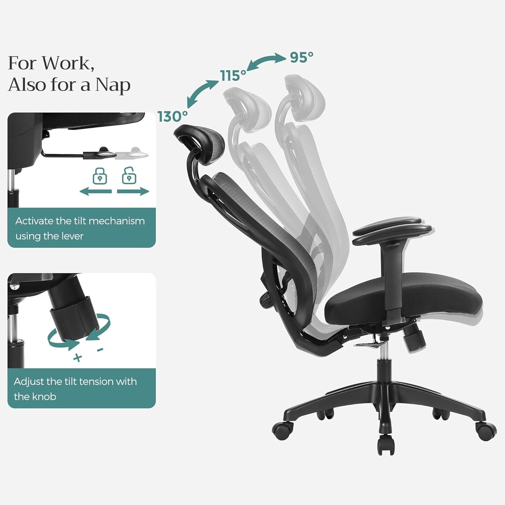 Parya Home Ergonomische Bureaustoel – Verstelbare computerstoel met lendensteun en hoofdsteun, belastbaar tot 150 kg, in hoogte verstelbaar, zwart