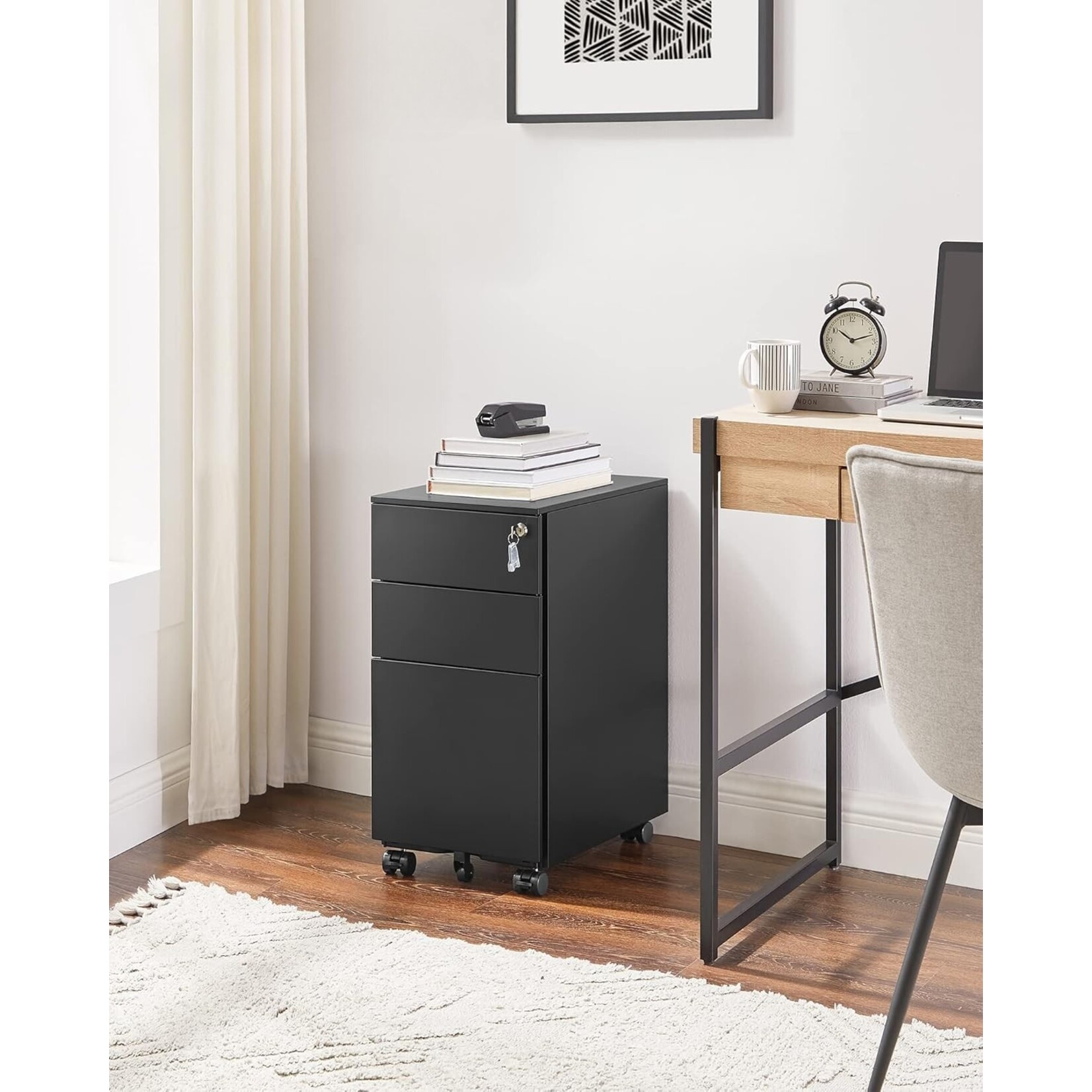 Parya Home Drawer unit with lockable - Drawer unit desk on wheels- 3 Drawers - metal - 30 x 45 x 60 cm black