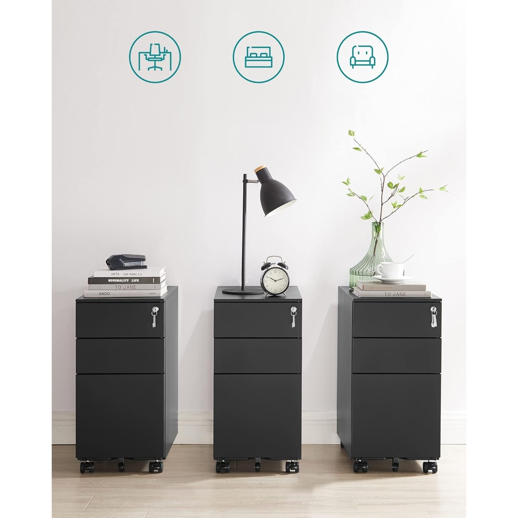 Parya Home Drawer unit with lockable - Drawer unit desk on wheels- 3 Drawers - metal - 30 x 45 x 60 cm black