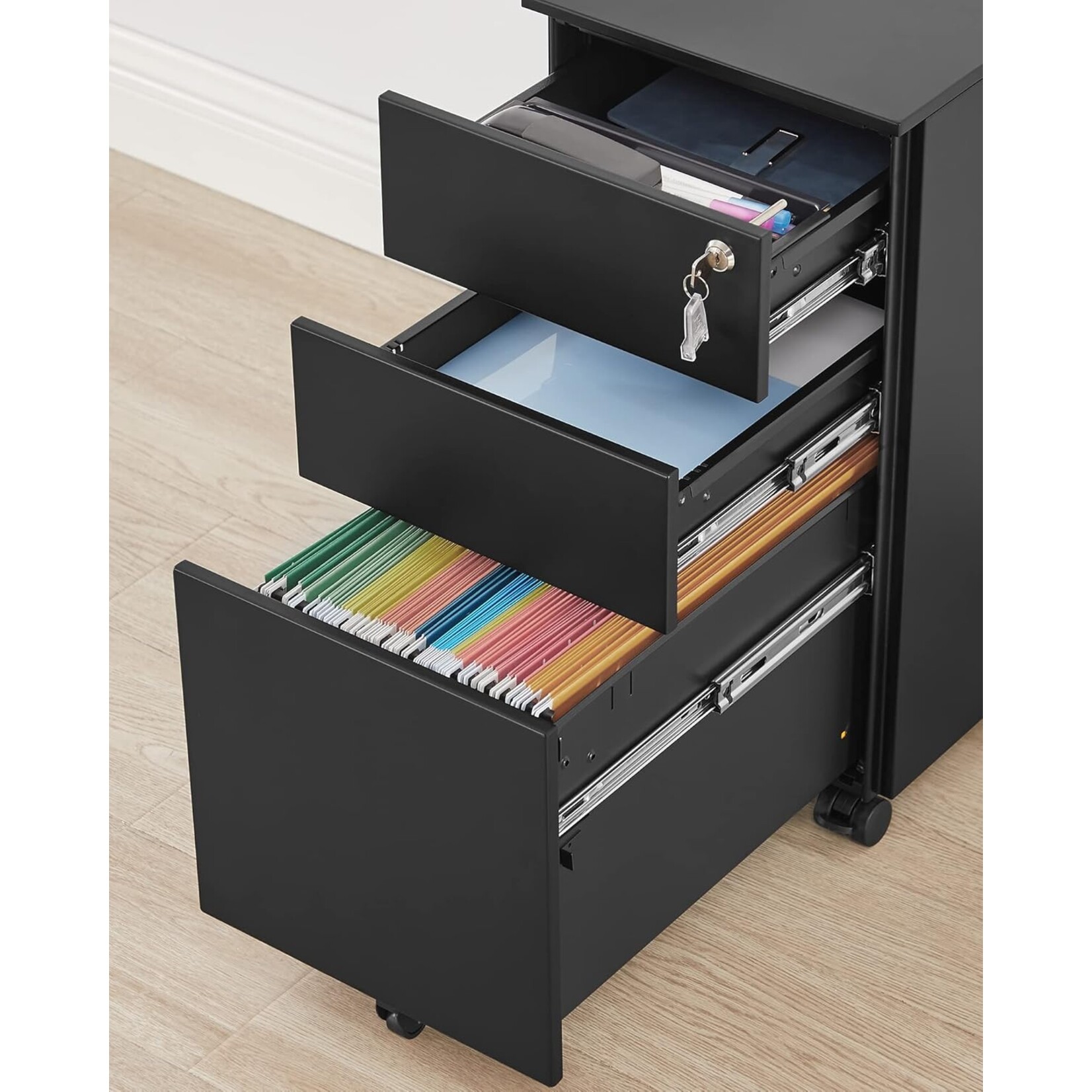 Parya Home Drawer unit with lockable - Drawer unit desk on wheels- 3 Drawers - metal - 30 x 45 x 60 cm black