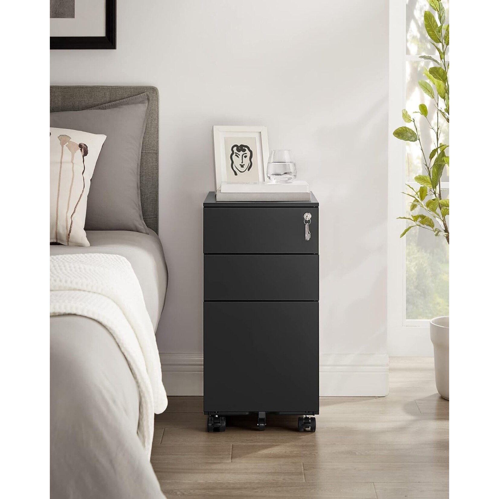 Parya Home Ladeblok met afsluitbare - Ladeblok bureau op wieltjes- 3 Lades - metaal - 30 x 45 x 60 cm zwart