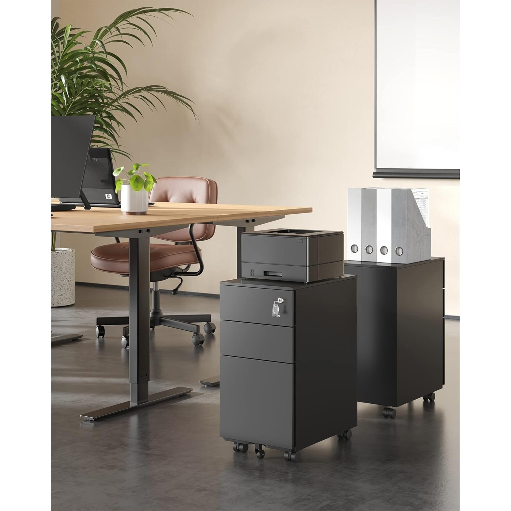 Parya Home Ladeblok met afsluitbare - Ladeblok bureau op wieltjes- 3 Lades - metaal - 30 x 45 x 60 cm zwart