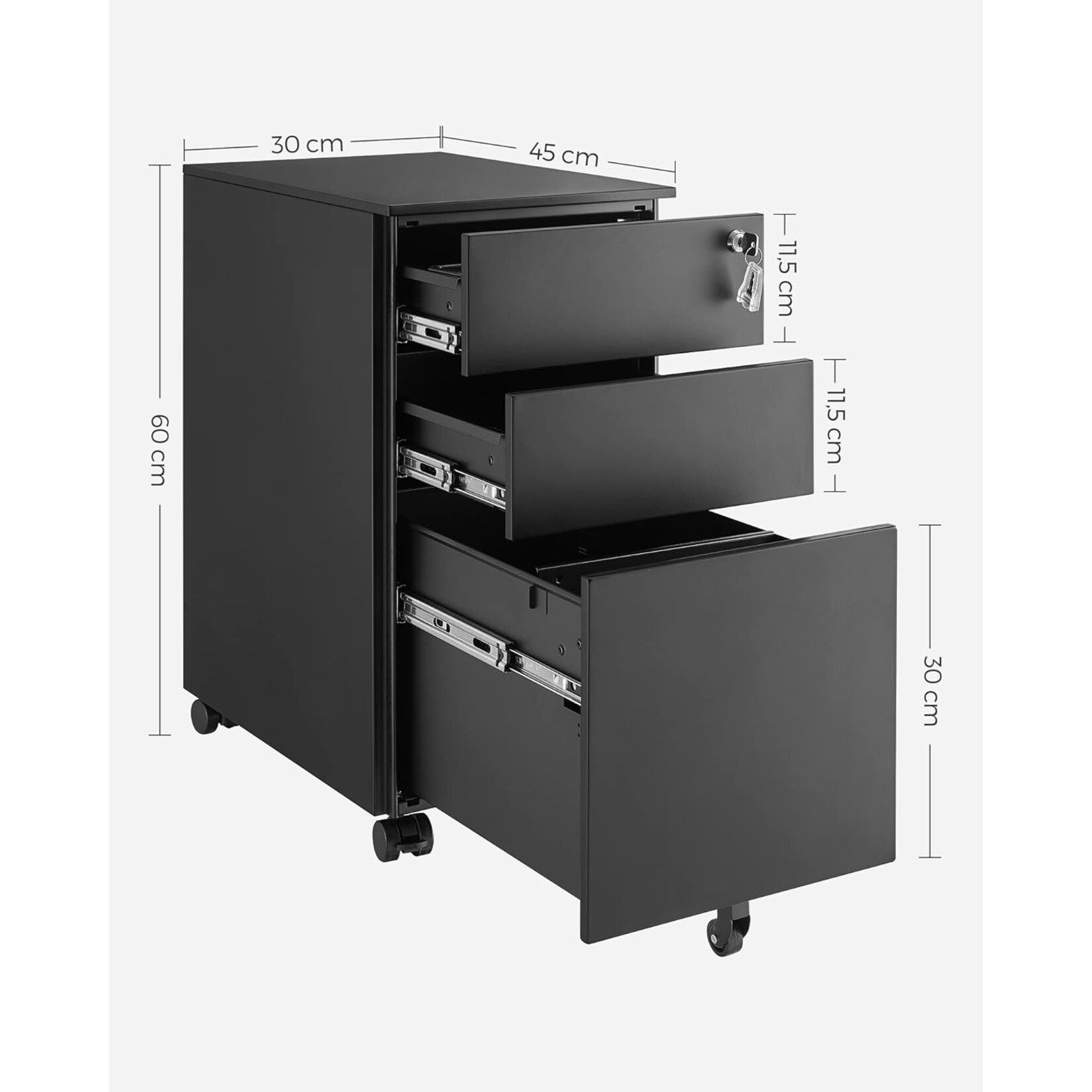 Parya Home Drawer unit with lockable - Drawer unit desk on wheels- 3 Drawers - metal - 30 x 45 x 60 cm black
