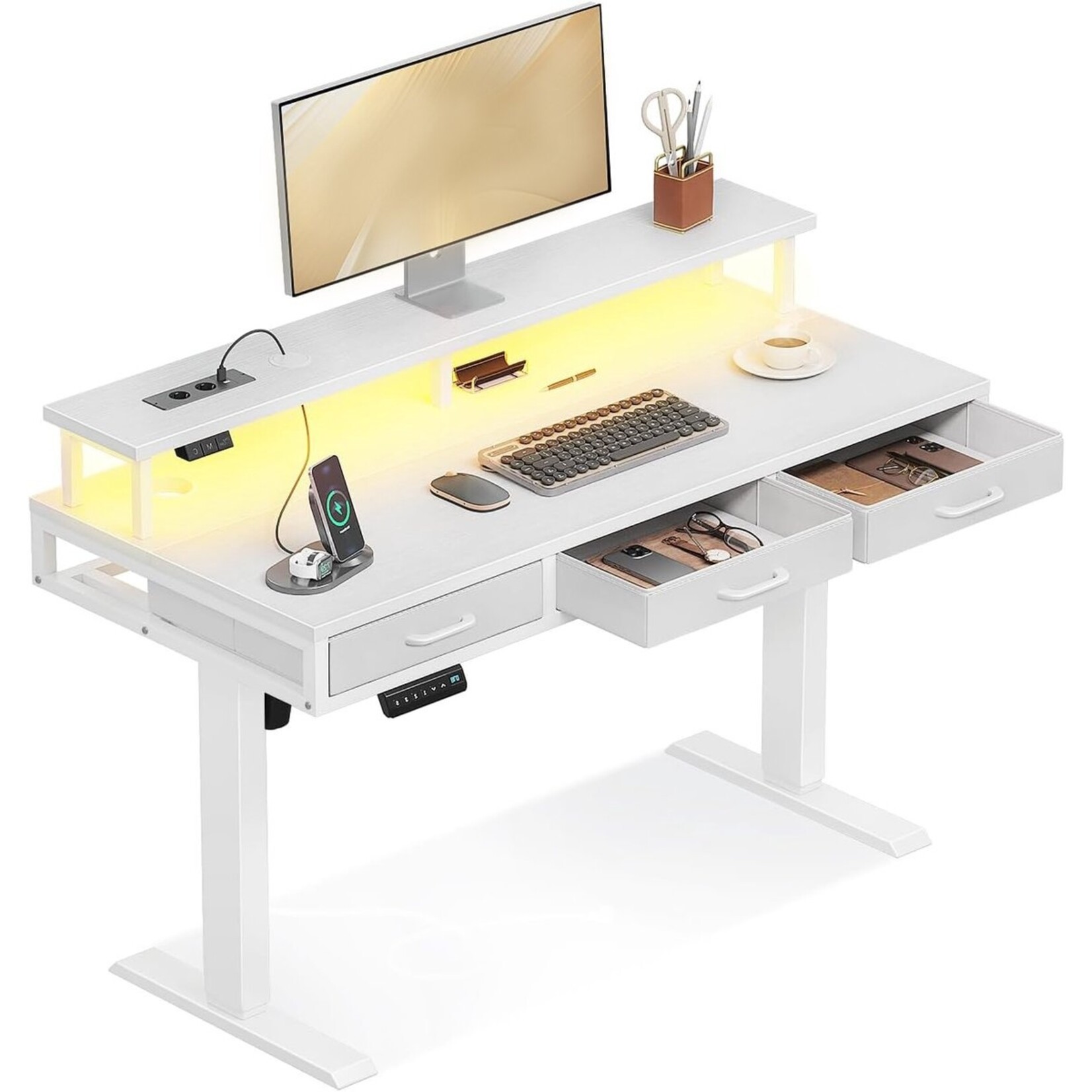 Parya Home Parya Home Elektrisch Verstelbaar Bureau 120 x 54 cm – Wit – Met 2 Lades, Monitorstandaard, Toetsenbordlade, LED-verlichting & 3 Geheugenstanden