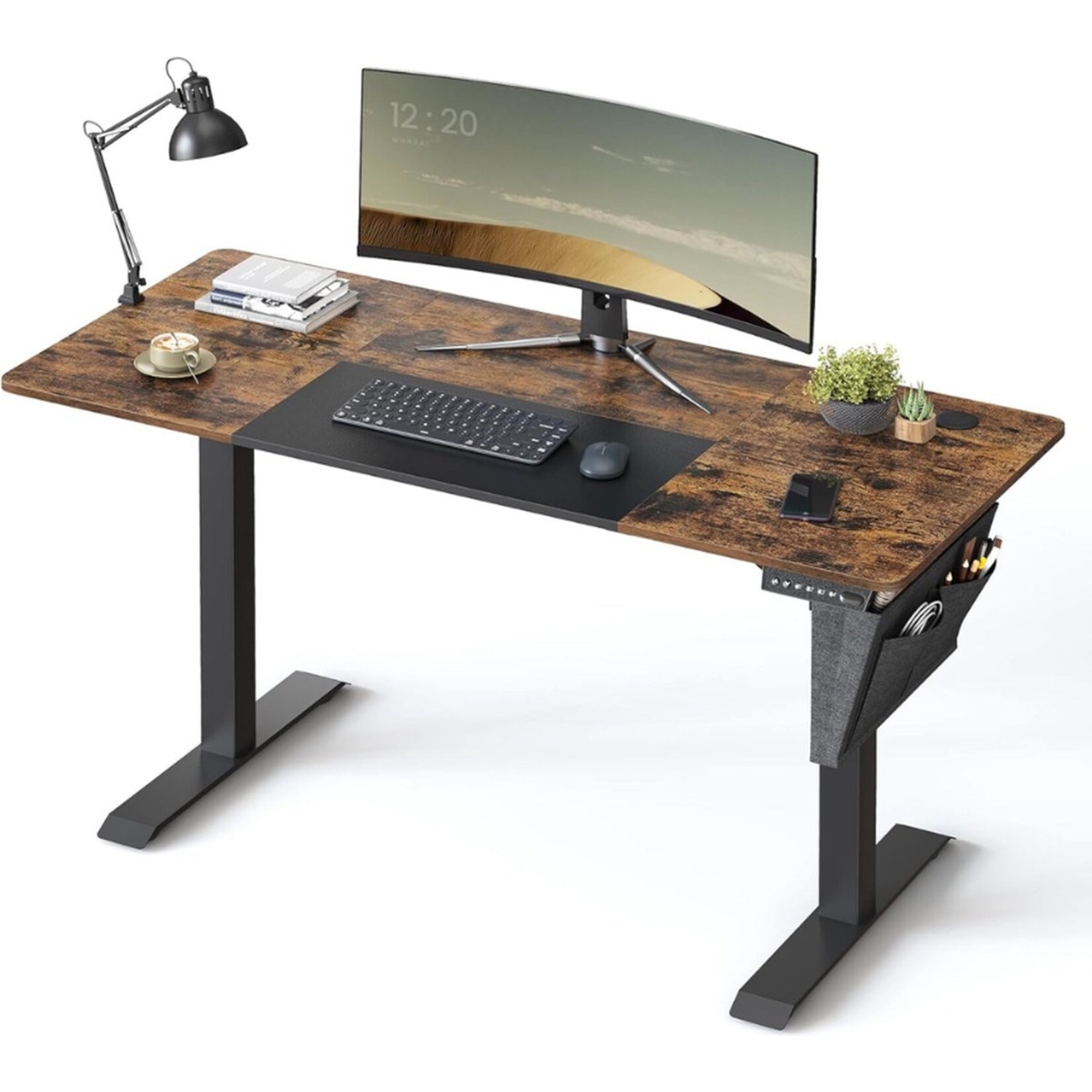 Parya Home Parya Home Electric Height Adjustable Desk 120 x 60 cm – Vintage Brown Wood Look – Stepless Adjustment with Memory Function – Black Frame