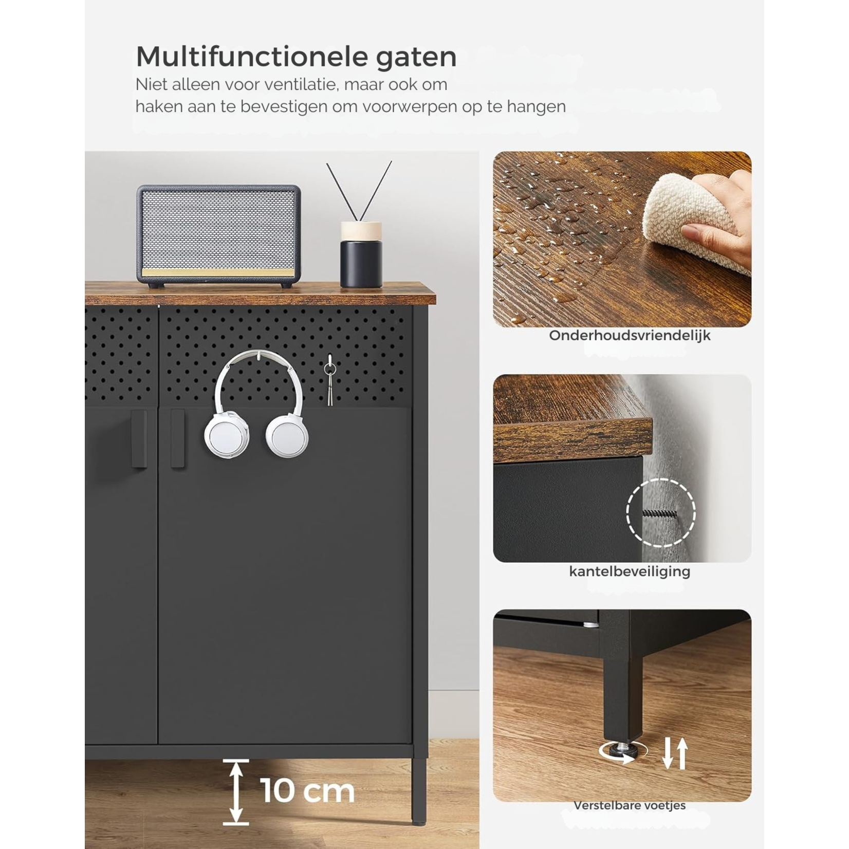Parya Home Industriële Opbergkast – 80x40x76 cm – Met Deuren & Verstelbare Schappen – Zwart/Rustiek Bruin – Staal & Hout – Stabiel & Duurzaam – Voor Woonkamer, Hal of Kantoor