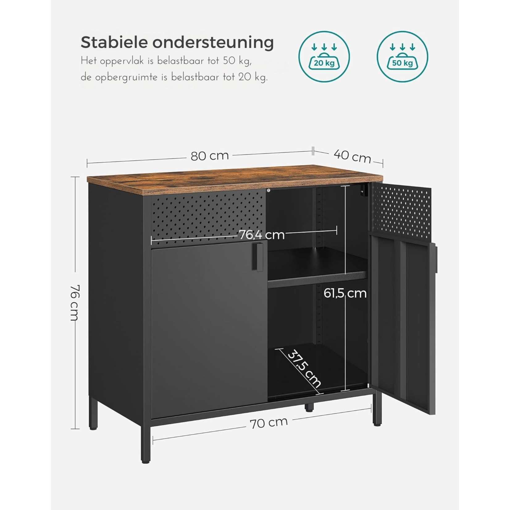 Parya Home Industriële Opbergkast – 80x40x76 cm – Met Deuren & Verstelbare Schappen – Zwart/Rustiek Bruin – Staal & Hout – Stabiel & Duurzaam – Voor Woonkamer, Hal of Kantoor