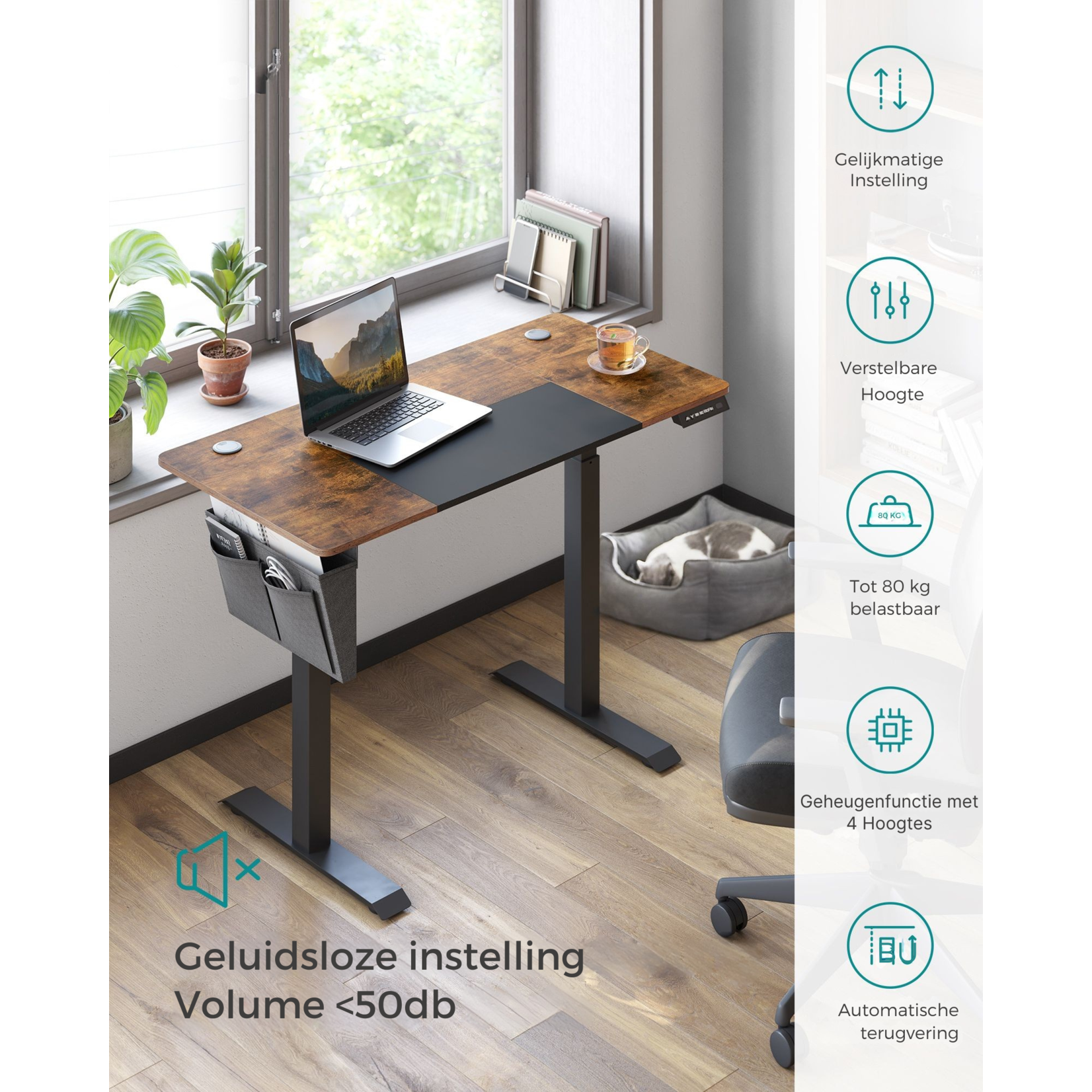 Parya Home Parya Home Electric Height Adjustable Desk 120 x 60 cm – Vintage Brown Wood Look – Stepless Adjustment with Memory Function – Black Frame