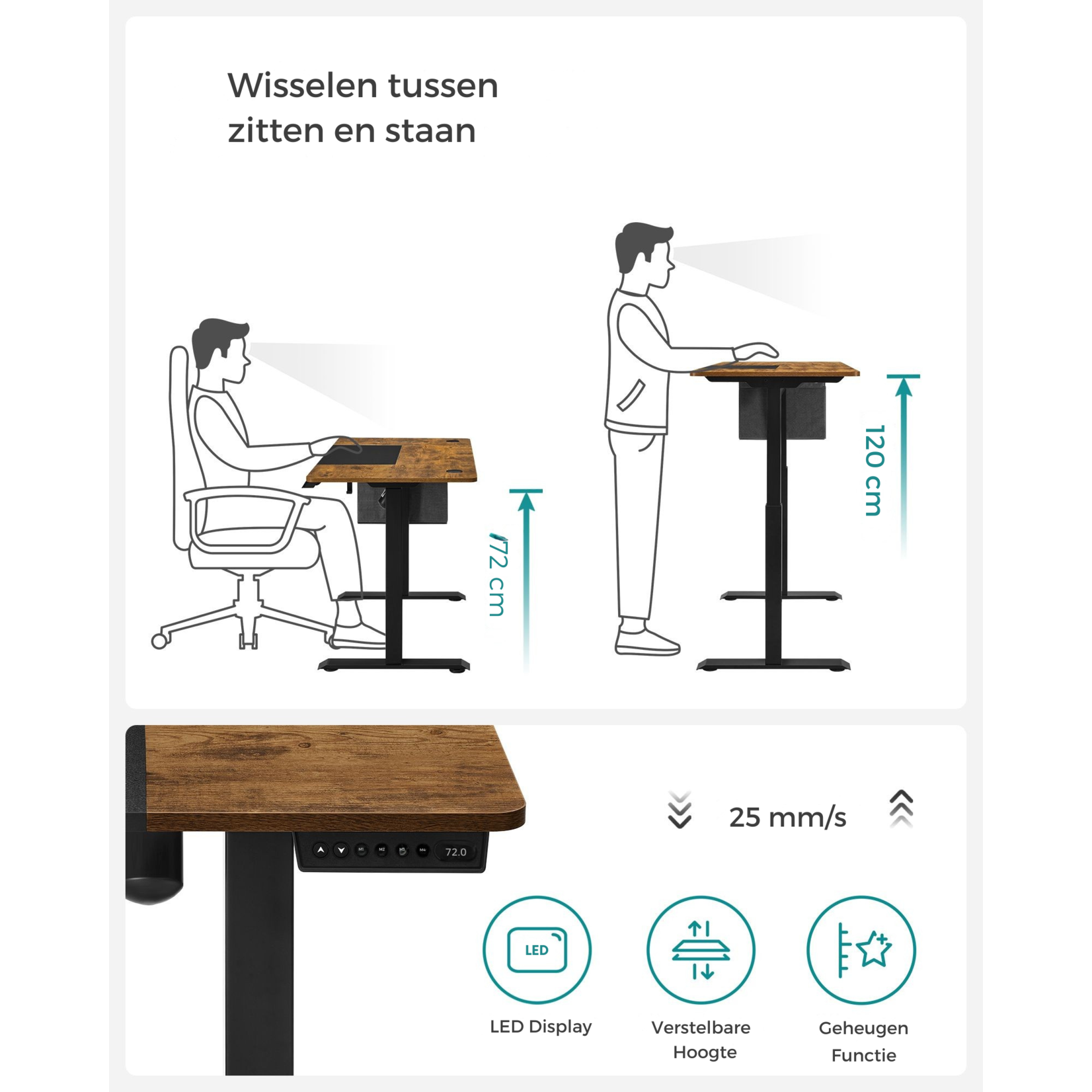Parya Home Parya Home Electric Height Adjustable Desk 120 x 60 cm – Vintage Brown Wood Look – Stepless Adjustment with Memory Function – Black Frame