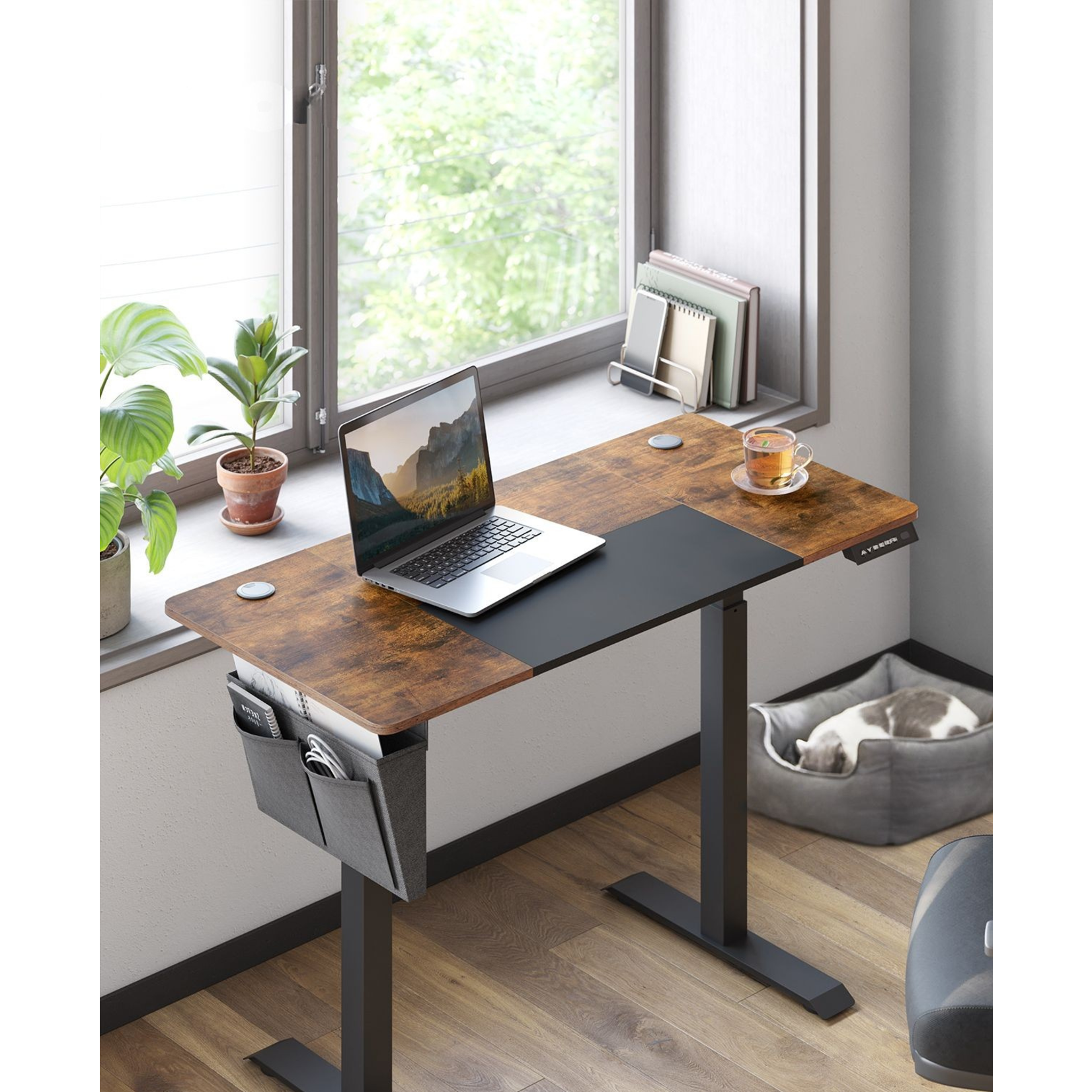 Parya Home Parya Home Electric Height Adjustable Desk 120 x 60 cm – Vintage Brown Wood Look – Stepless Adjustment with Memory Function – Black Frame
