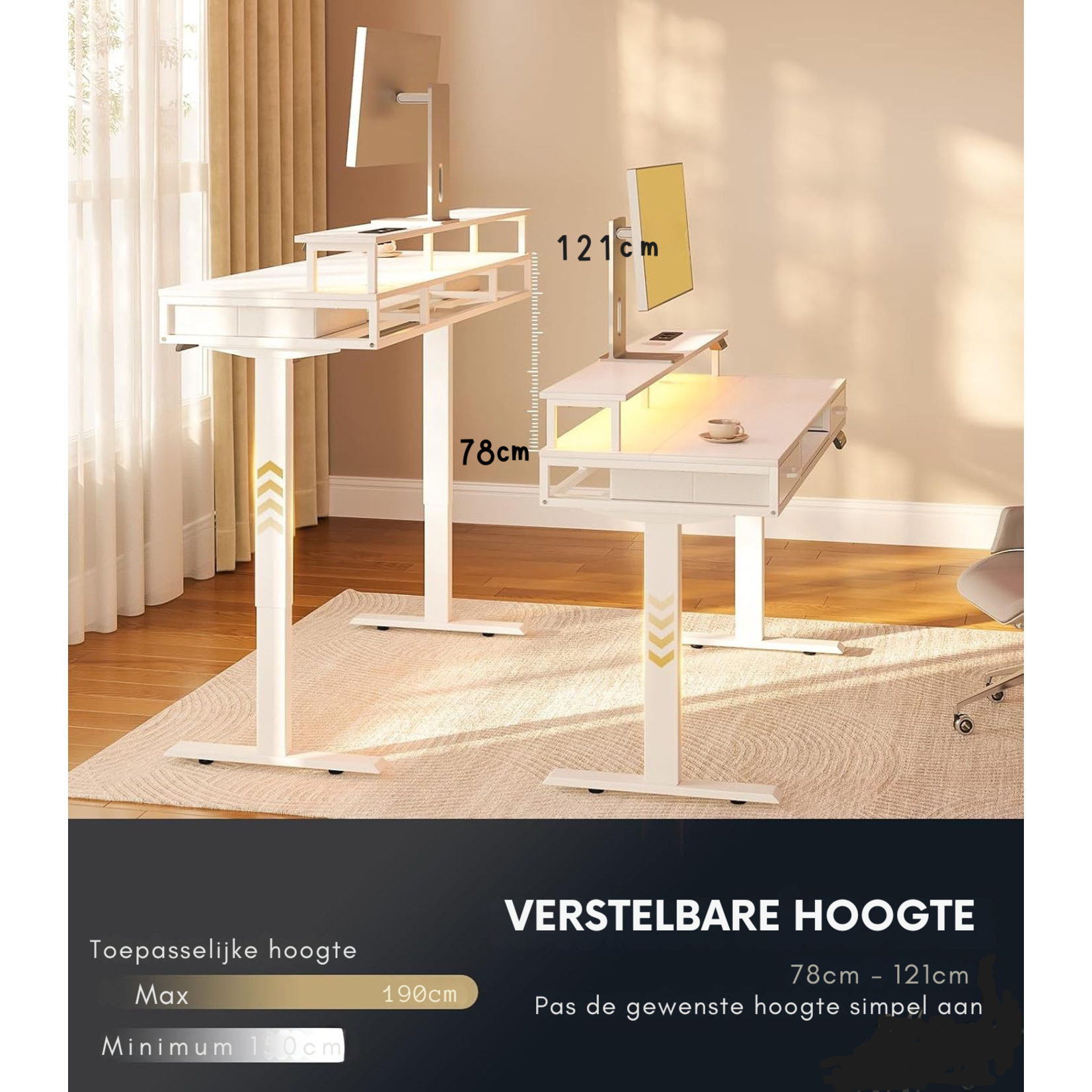 Parya Home Parya Home Elektrisch Verstelbaar Bureau 120 x 54 cm – Wit – Met 2 Lades, Monitorstandaard, Toetsenbordlade, LED-verlichting & 3 Geheugenstanden