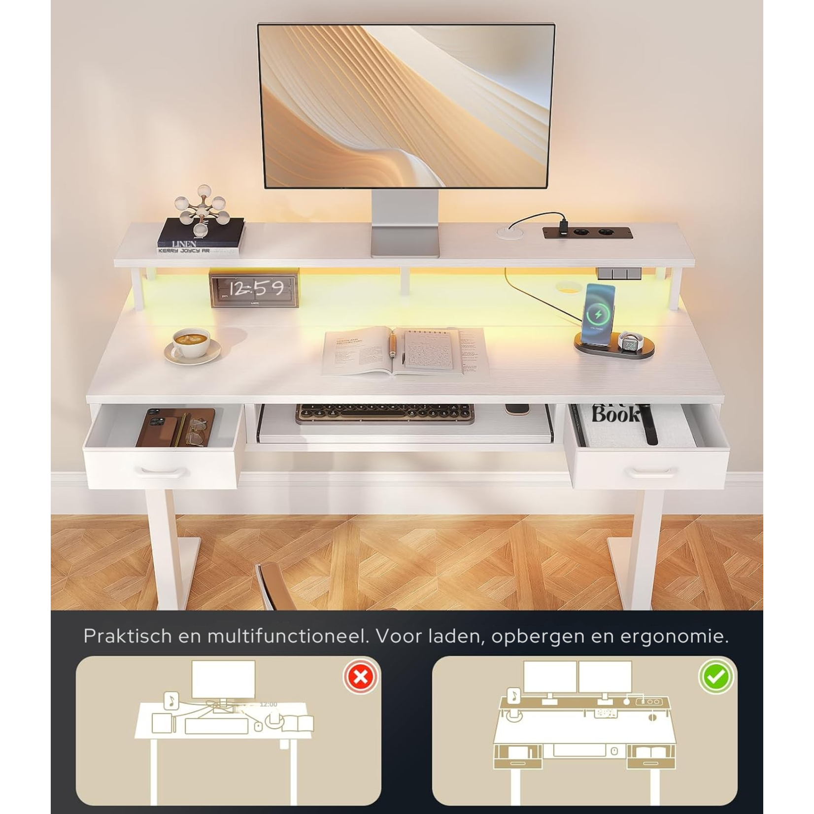 Parya Home Parya Home Elektrisch Verstelbaar Bureau 120 x 54 cm – Wit – Met 2 Lades, Monitorstandaard, Toetsenbordlade, LED-verlichting & 3 Geheugenstanden