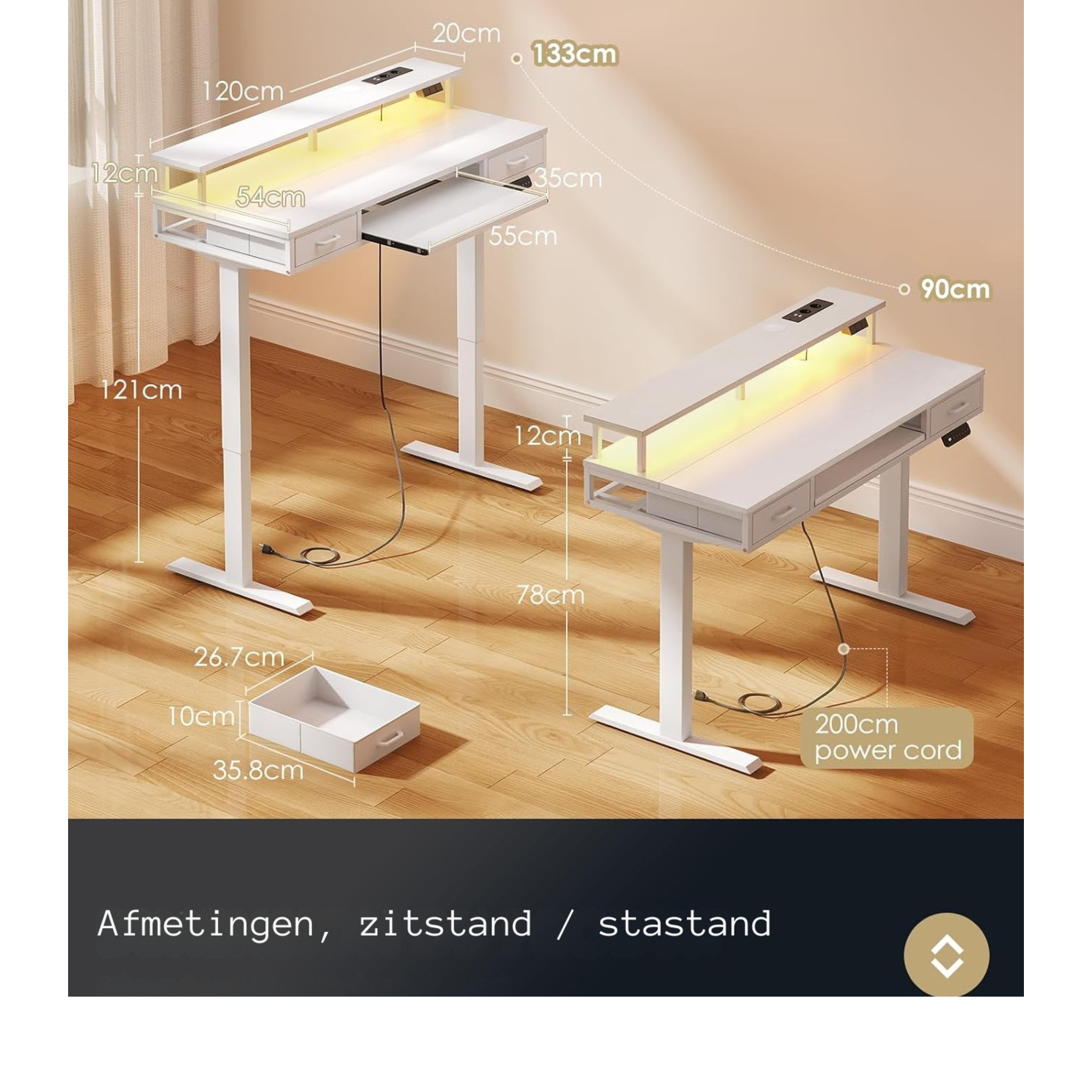 Parya Home Electric Height Adjustable Desk 120 x 54 cm – White – With 2 Drawers, Monitor Stand, Keyboard Tray, LED Lighting & 3 Memory Presets