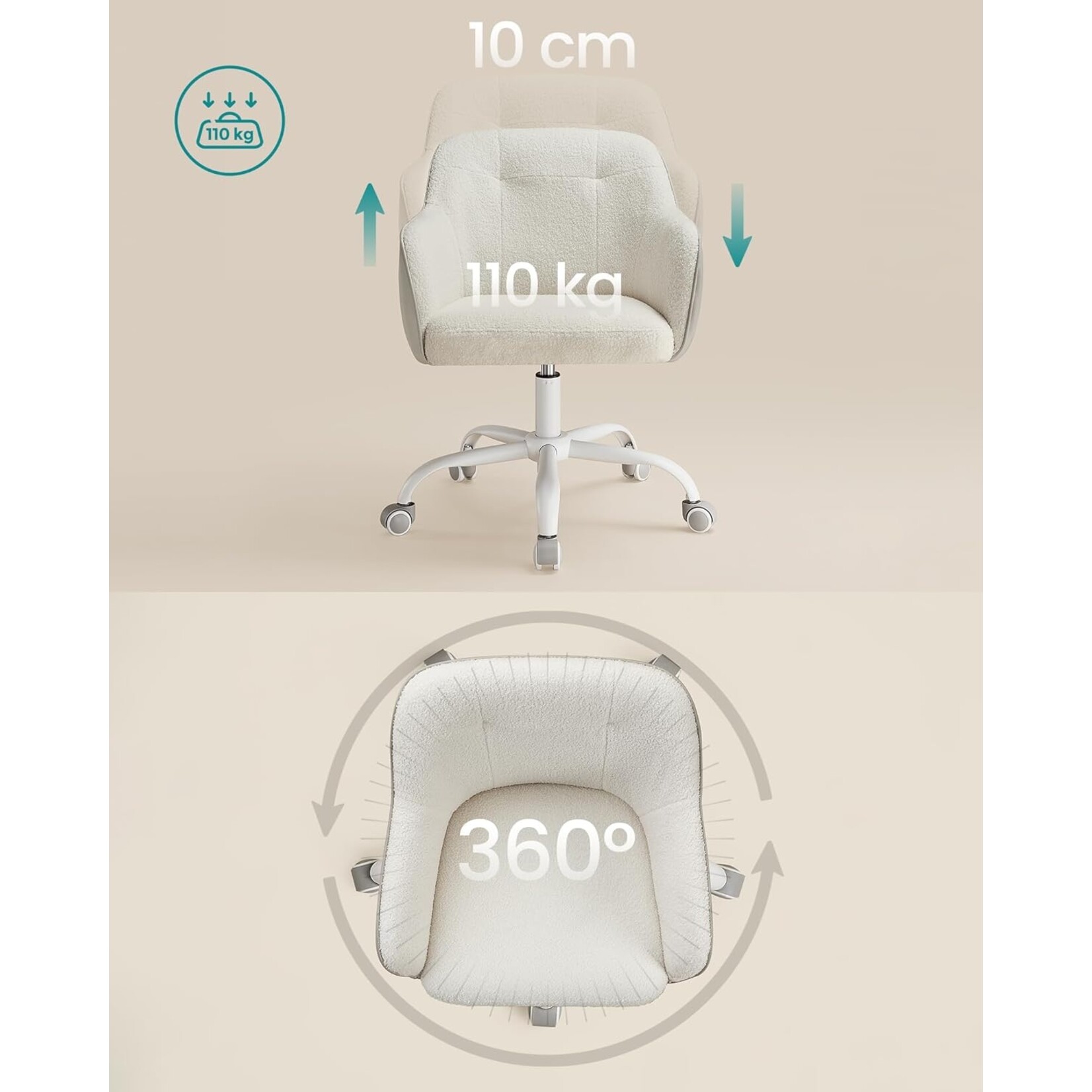 Parya Home Parya Home - Draaibare bureaustoel Hoogteverstelbaar tot 110 kg Draagvermogen Ademend Sherpa-materiaal en PU voor studeerkamer Slaapkamer Beige