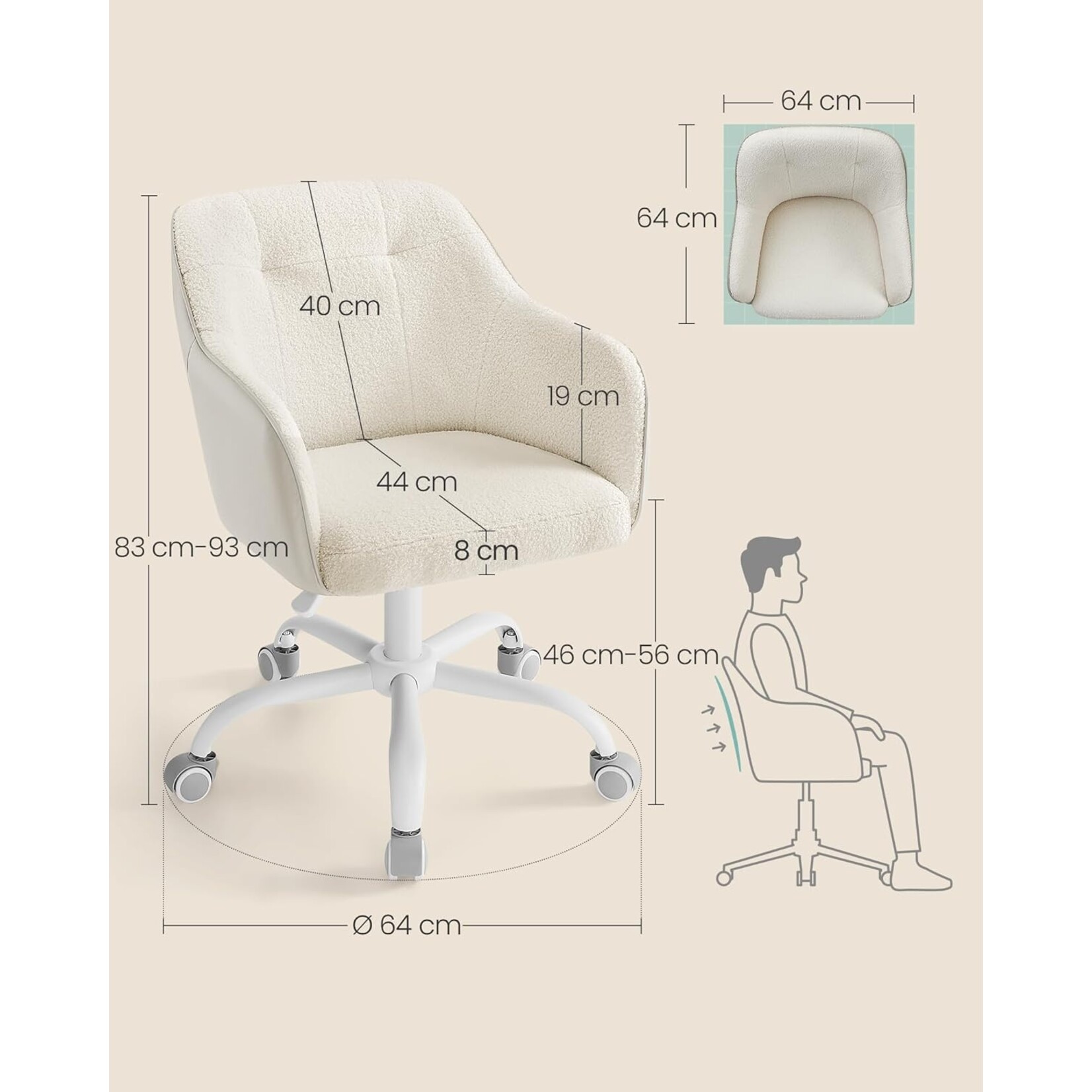 Parya Home Parya Home - Swivel office chair Height adjustable up to 110 kg Load capacity Breathable Sherpa material and PU for study Bedroom Beige