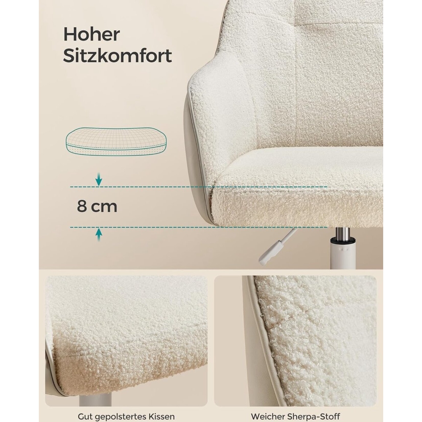 Parya Home Parya Home - Draaibare bureaustoel Hoogteverstelbaar tot 110 kg Draagvermogen Ademend Sherpa-materiaal en PU voor studeerkamer Slaapkamer Beige