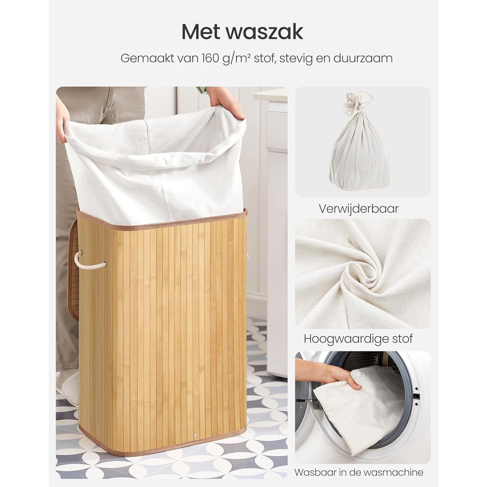 Bobbel Home Bamboo Laundry Basket - Foldable Storage Basket - 72 Liter - 40 x 30 x 60 cm