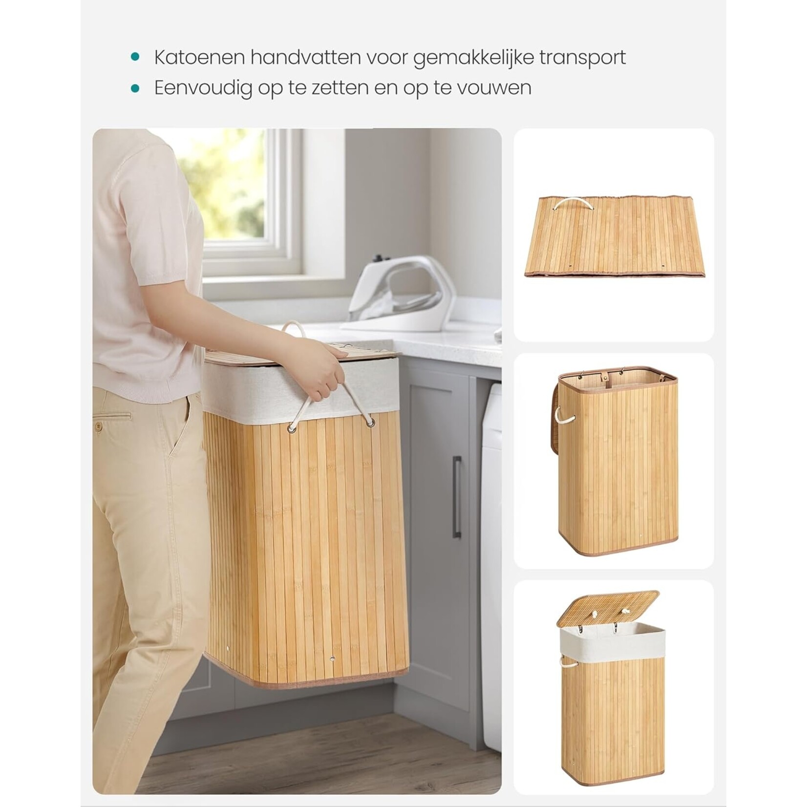 Bobbel Home Bamboo Laundry Basket - Foldable Storage Basket - 72 Liter - 40 x 30 x 60 cm