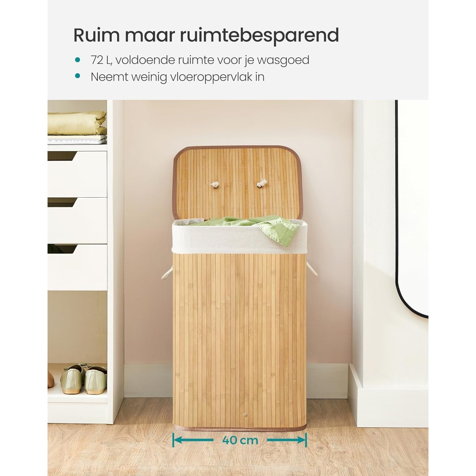 Bobbel Home Bamboo Laundry Basket - Foldable Storage Basket - 72 Liter - 40 x 30 x 60 cm