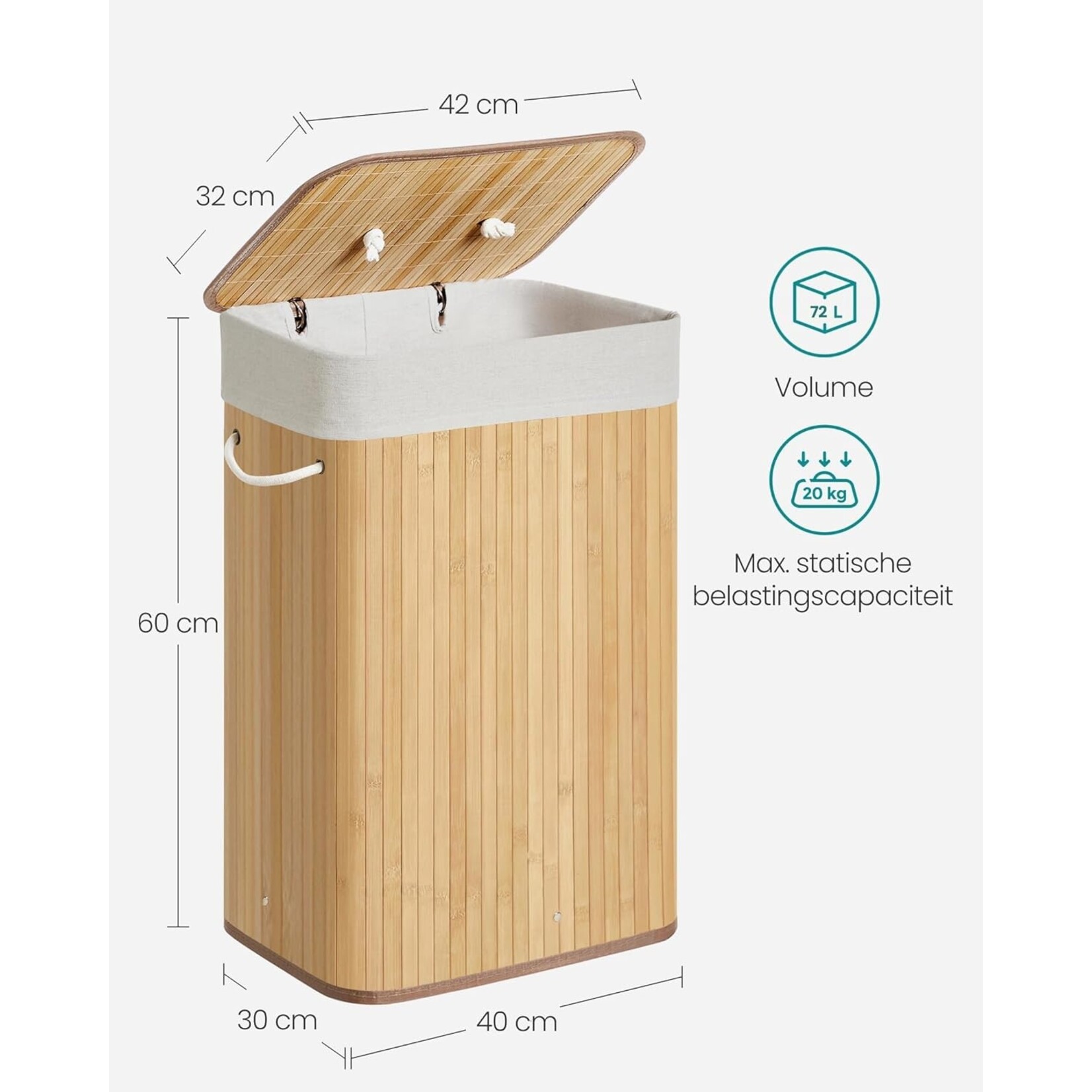 Bobbel Home Bamboo Laundry Basket - Foldable Storage Basket - 72 Liter - 40 x 30 x 60 cm