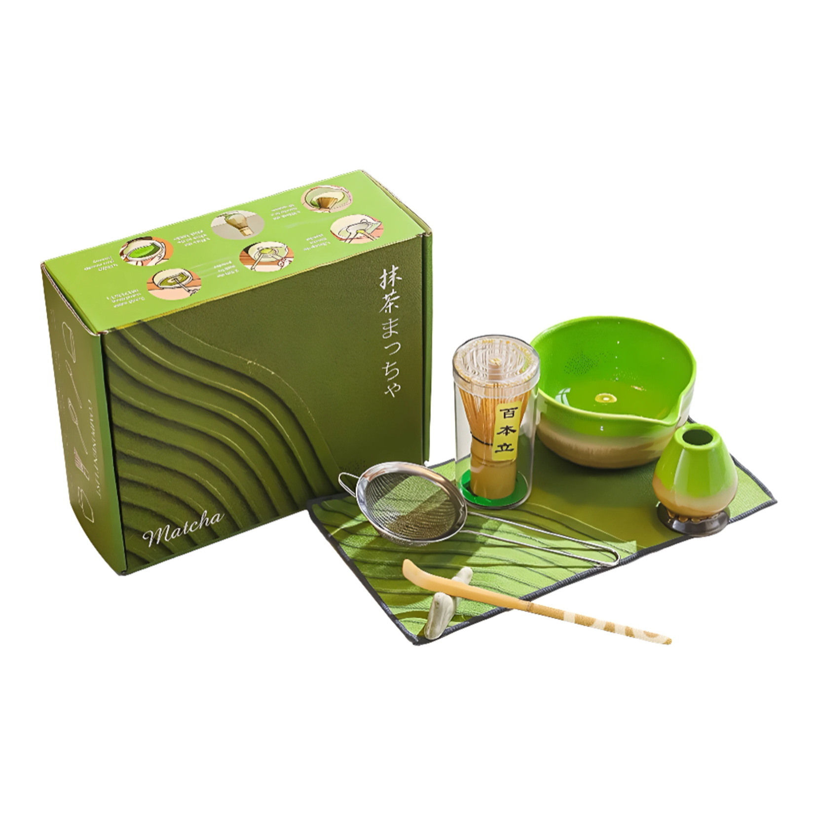 Parya Parya  - Matcha Set – 7-Piece – Complete Matcha Tea Set – Includes Bowl – Bamboo Whisk – Holder – Sifter and Accessories – Ceramic – Green – Luxury Gift Box