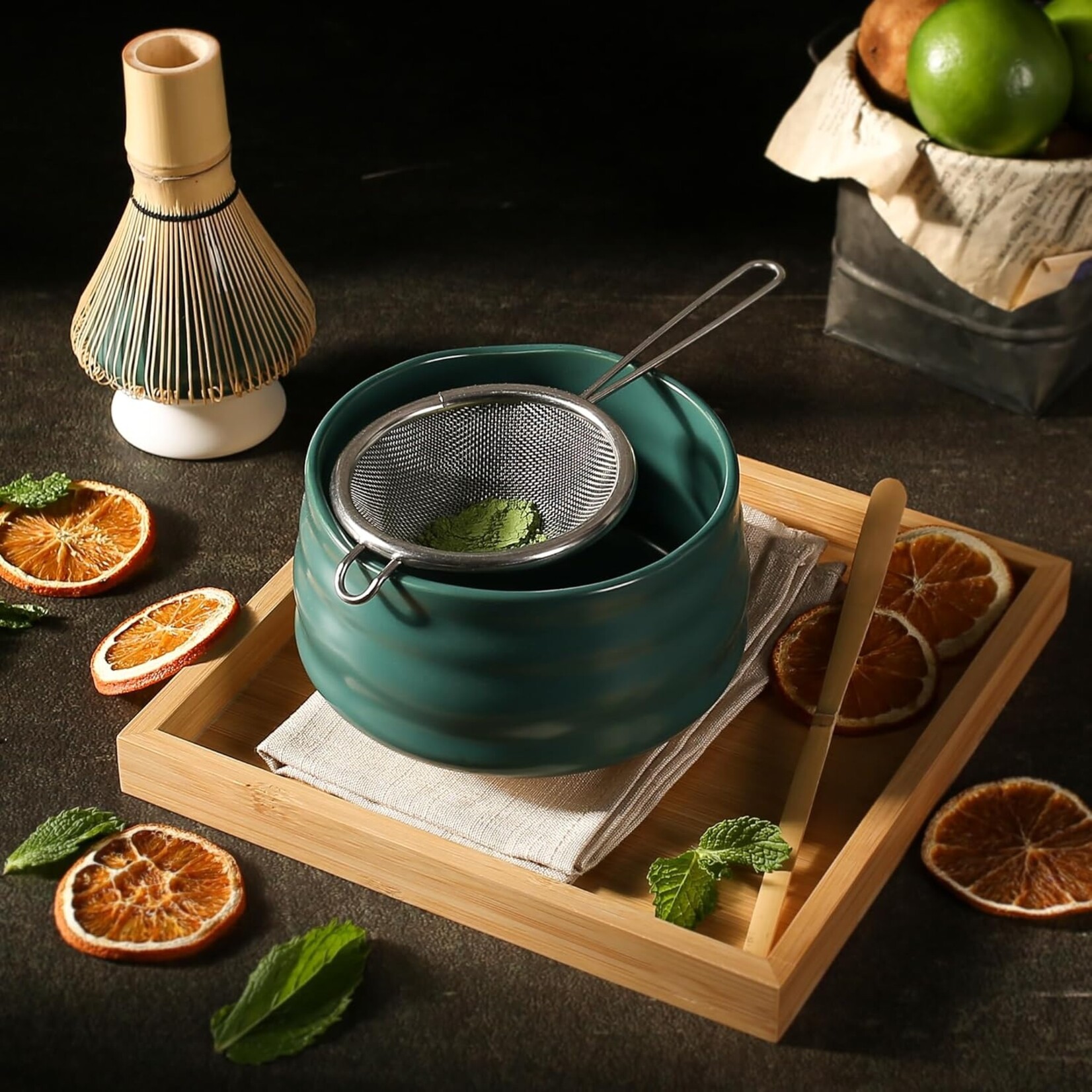 Parya Parya – Matcha Set – 8-Piece – Complete Matcha Tea Set – Includes Matcha Bowl – Bamboo Whisk – Whisk Holder – Sifter – Scoop – Mat – Ceramic – Dark Green – Luxury Gift Box