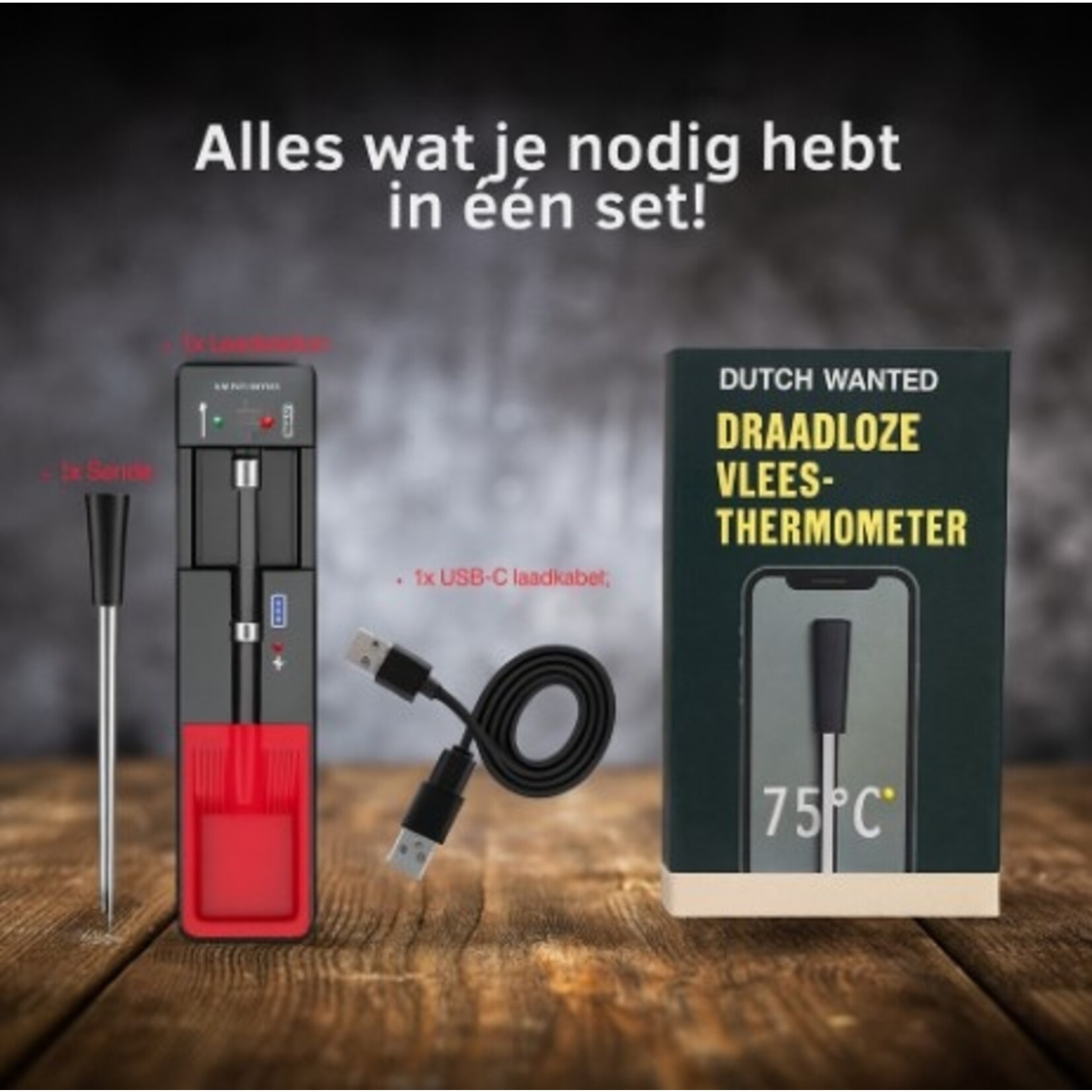 Dutch Wanted Dutch Wanted - Vleesthermometer Draadloos met App - BBQ Thermometer met Bluetooth - Oventhermometer - BBQ accesoires