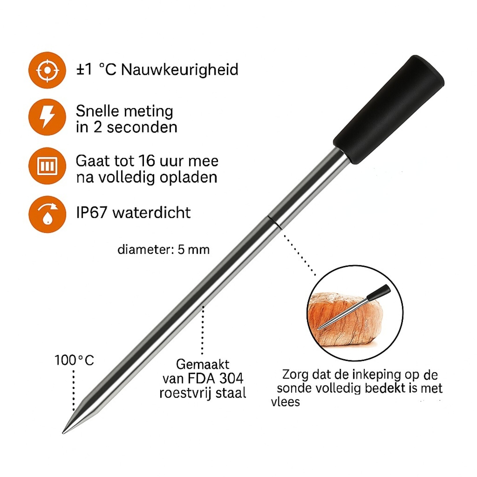 Dutch Wanted Meat thermometer Wireless with App - BBQ Thermometer with Bluetooth - Oven thermometer - BBQ accessories
