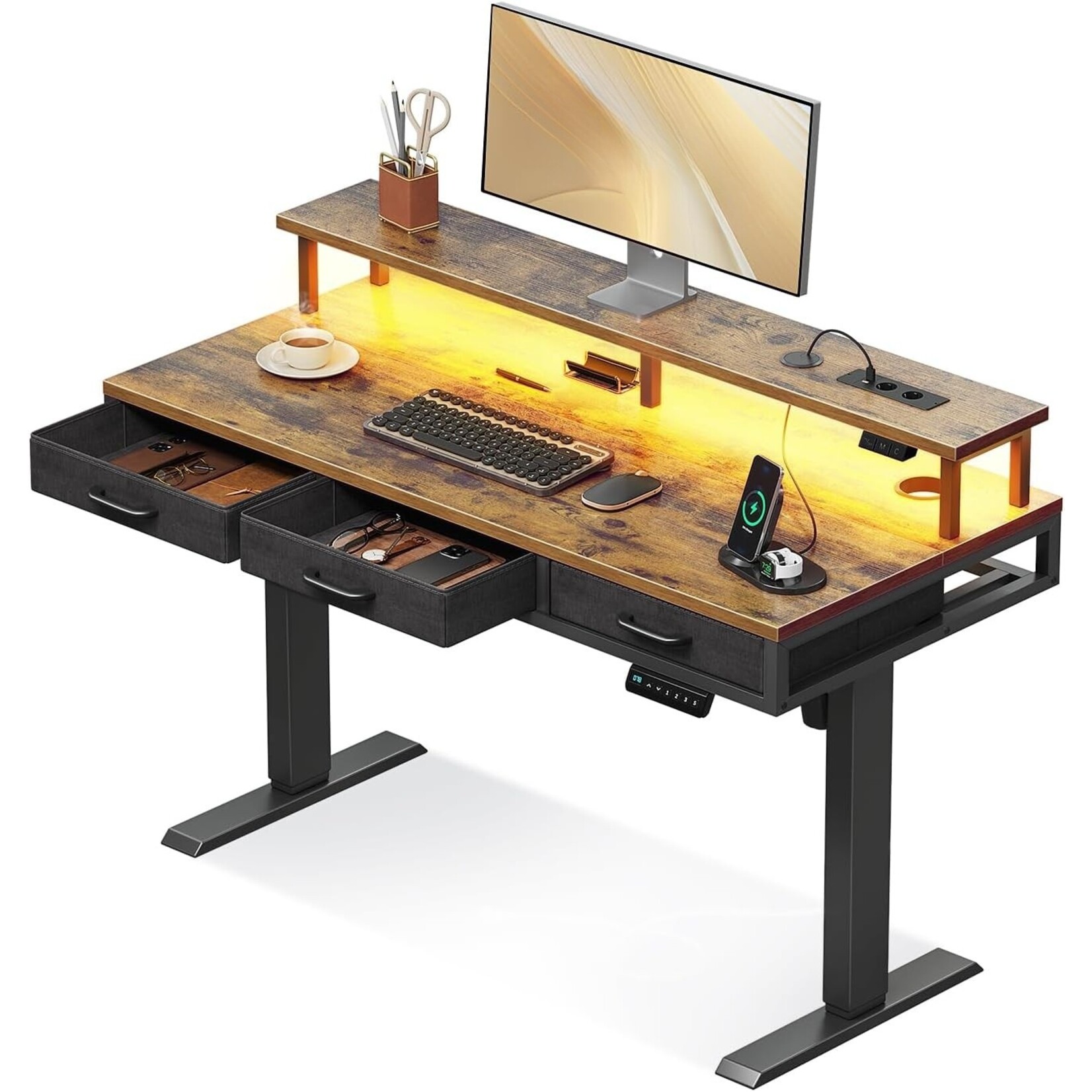 Parya Home Parya Home Elektrisch Verstelbaar Bureau 120 x 54 cm – Bruin - Industrieel bureau – Met 2 Lades, Monitorstandaard, Toetsenbordlade, LED-verlichting & 3 Geheugenstanden