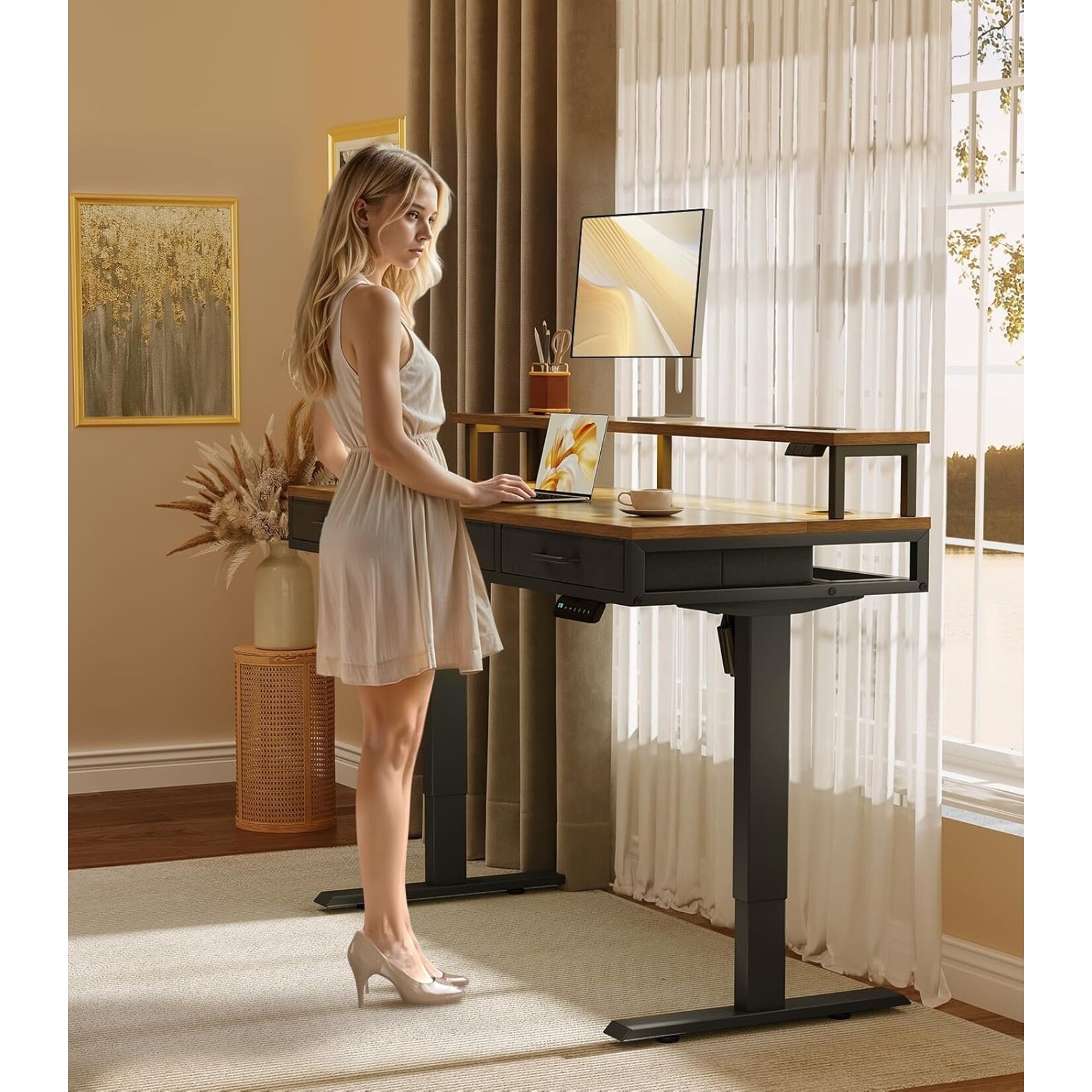 Parya Home Electric Height Adjustable Desk 120 x 54 cm – Brown – Industrial desk – With 2 Drawers, Monitor Stand, Keyboard Tray, LED Lighting & 3 Memory Presets
