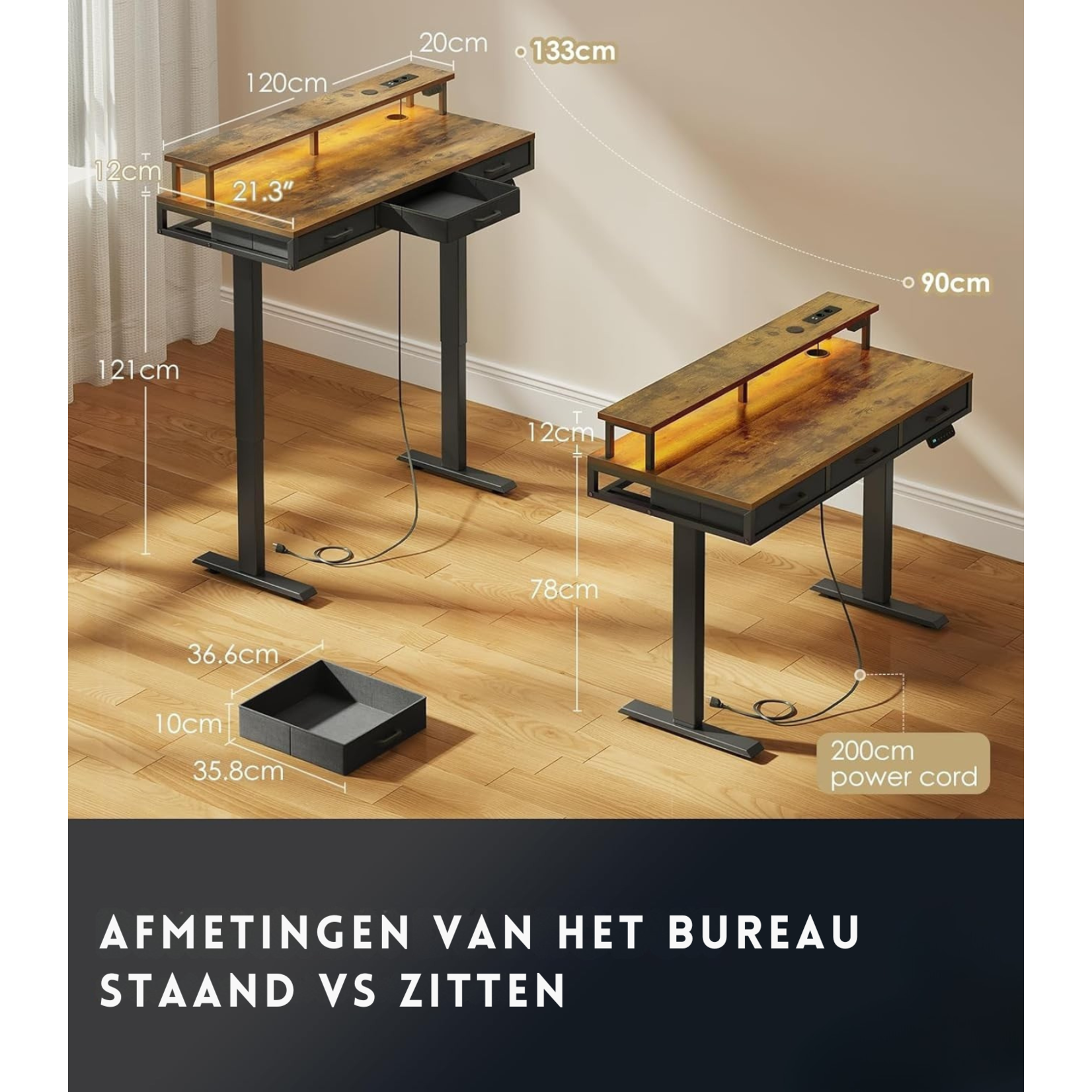 Parya Home Elektrisch Verstelbaar Bureau 120 x 54 cm – Bruin - Industrieel bureau – Met 2 Lades, Monitorstandaard, Toetsenbordlade, LED-verlichting & 3 Geheugenstanden
