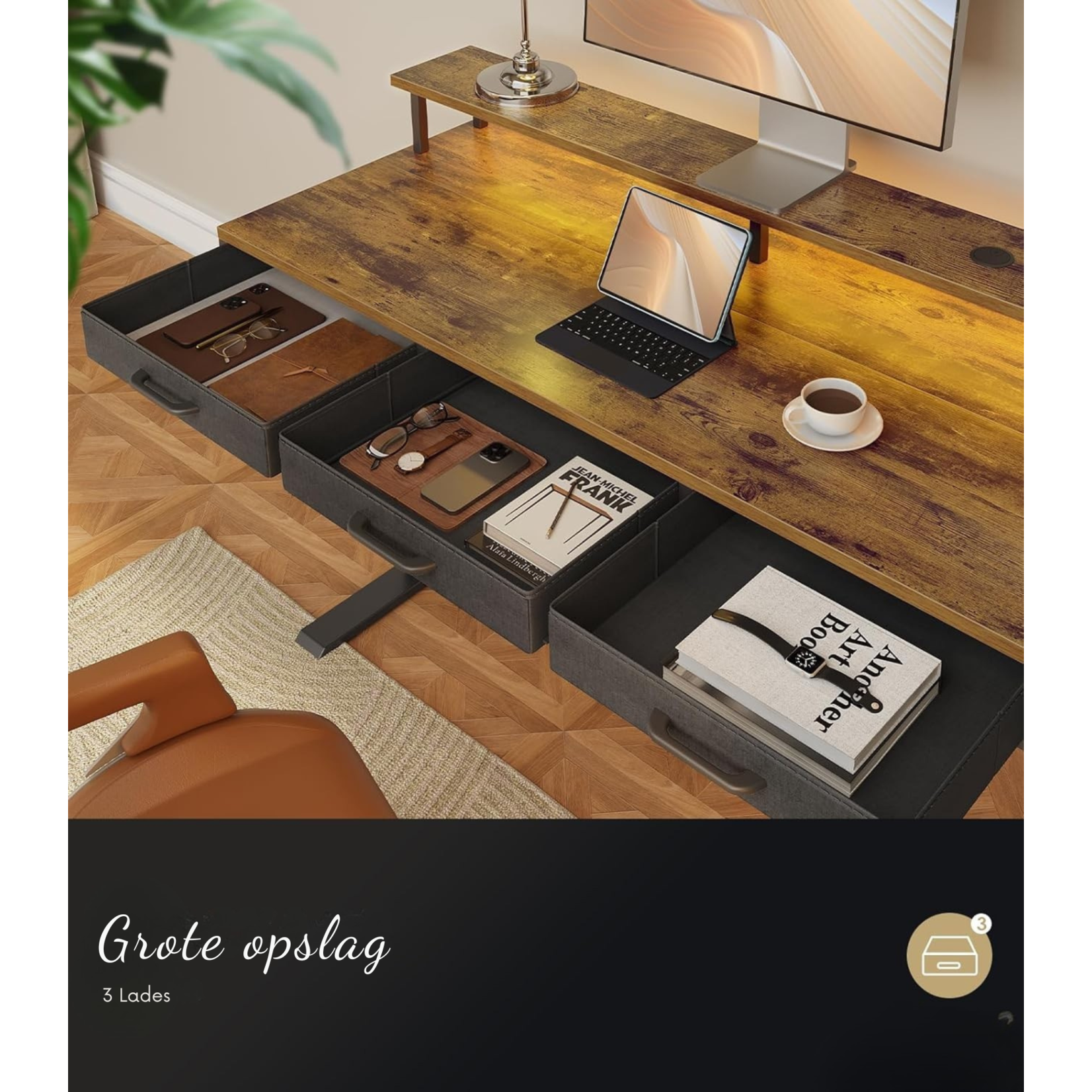 Parya Home Parya Home Electric Height Adjustable Desk 120 x 54 cm – Brown – Industrial desk – With 2 Drawers, Monitor Stand, Keyboard Tray, LED Lighting & 3 Memory Presets