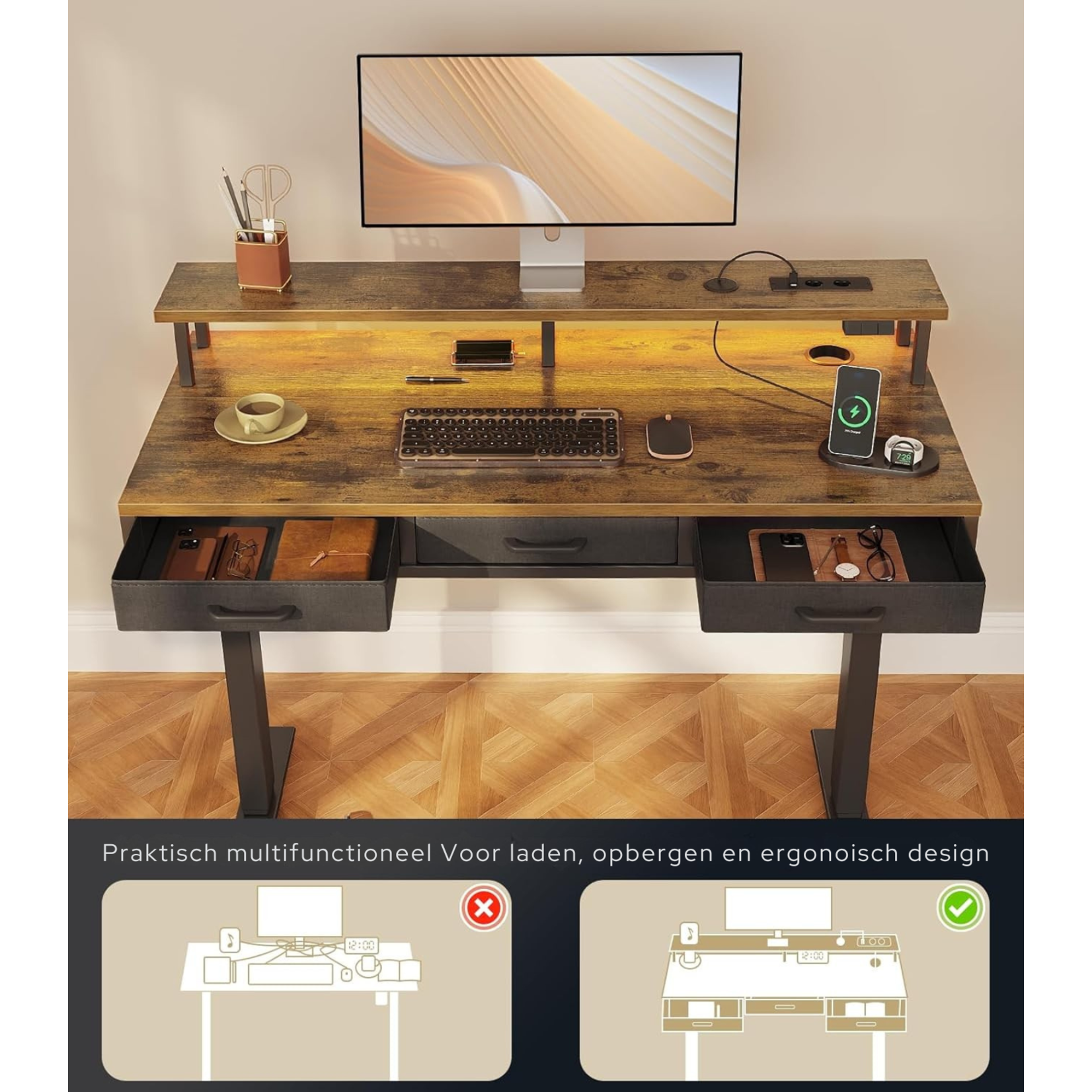 Parya Home Elektrisch Verstelbaar Bureau 120 x 54 cm – Bruin - Industrieel bureau – Met 2 Lades, Monitorstandaard, Toetsenbordlade, LED-verlichting & 3 Geheugenstanden