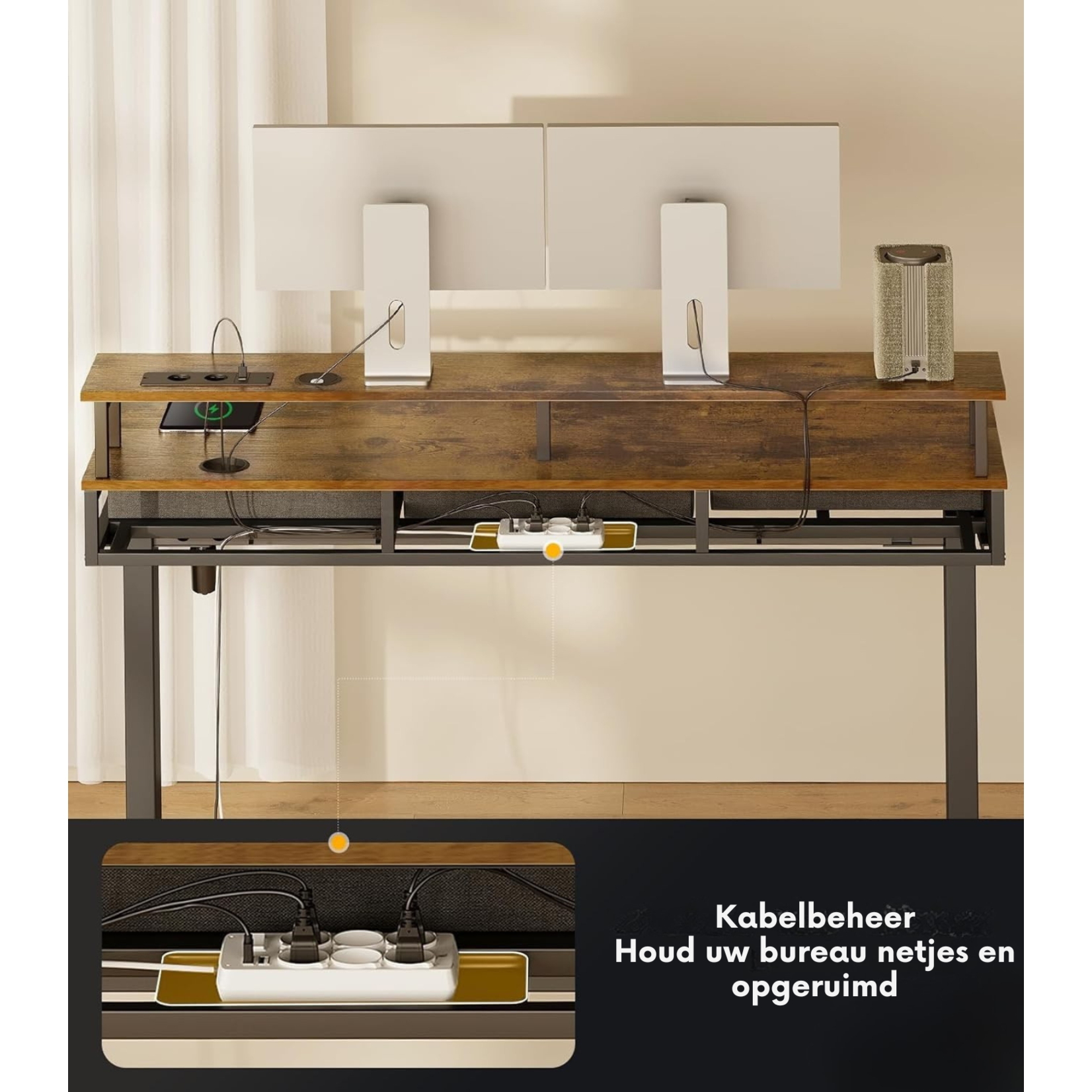 Parya Home Electric Height Adjustable Desk 120 x 54 cm – Brown – Industrial desk – With 2 Drawers, Monitor Stand, Keyboard Tray, LED Lighting & 3 Memory Presets