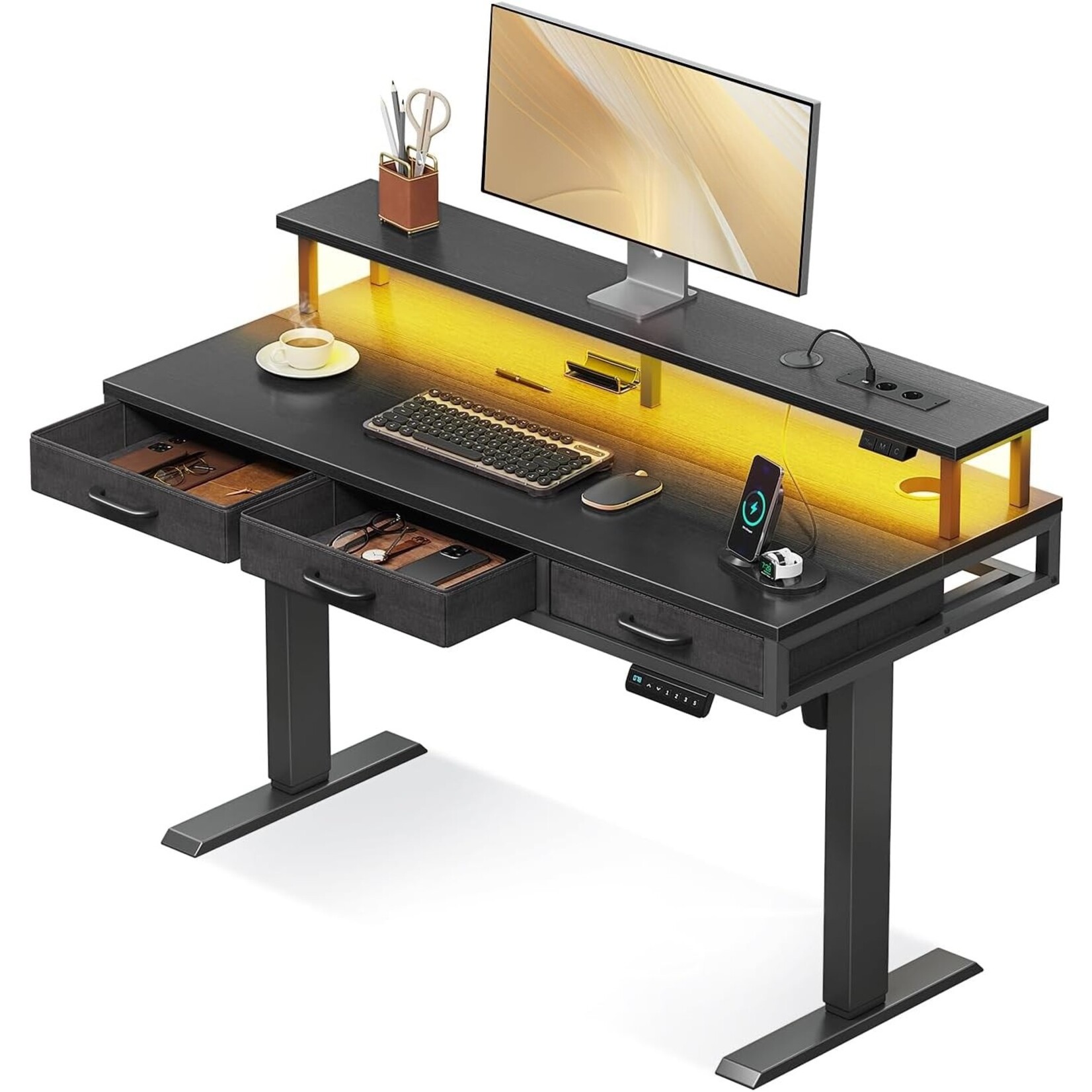 Parya Home Elektrisch Verstelbaar Bureau 120 x 54 cm – Zwart -  Met 2 Lades, Monitorstandaard, Toetsenbordlade, LED-verlichting & 3 Geheugenstanden