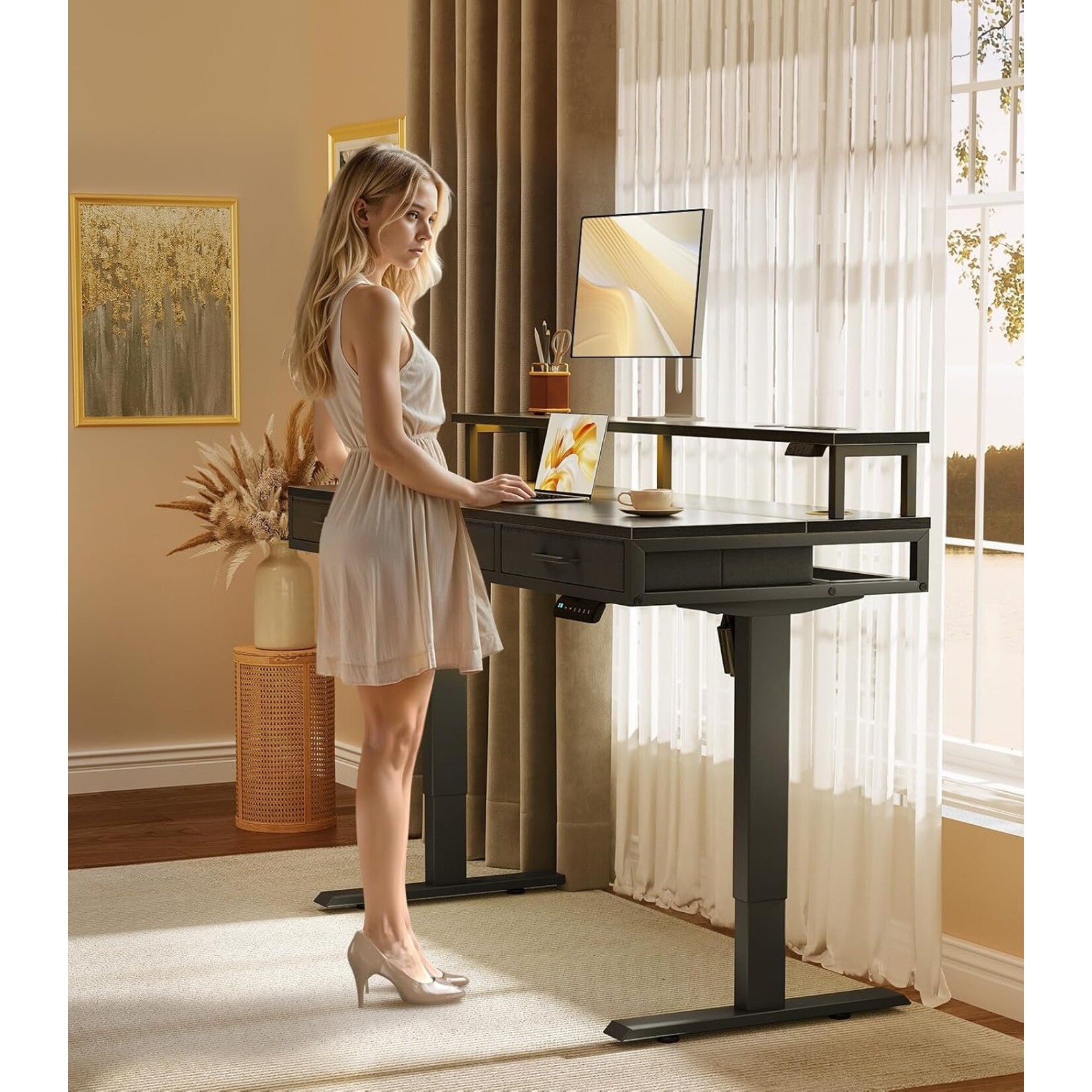 Parya Home Electric Height Adjustable Desk 120 x 54 cm – Black – With 2 Drawers, Monitor Stand, Keyboard Tray, LED Lighting & 3 Memory Presets