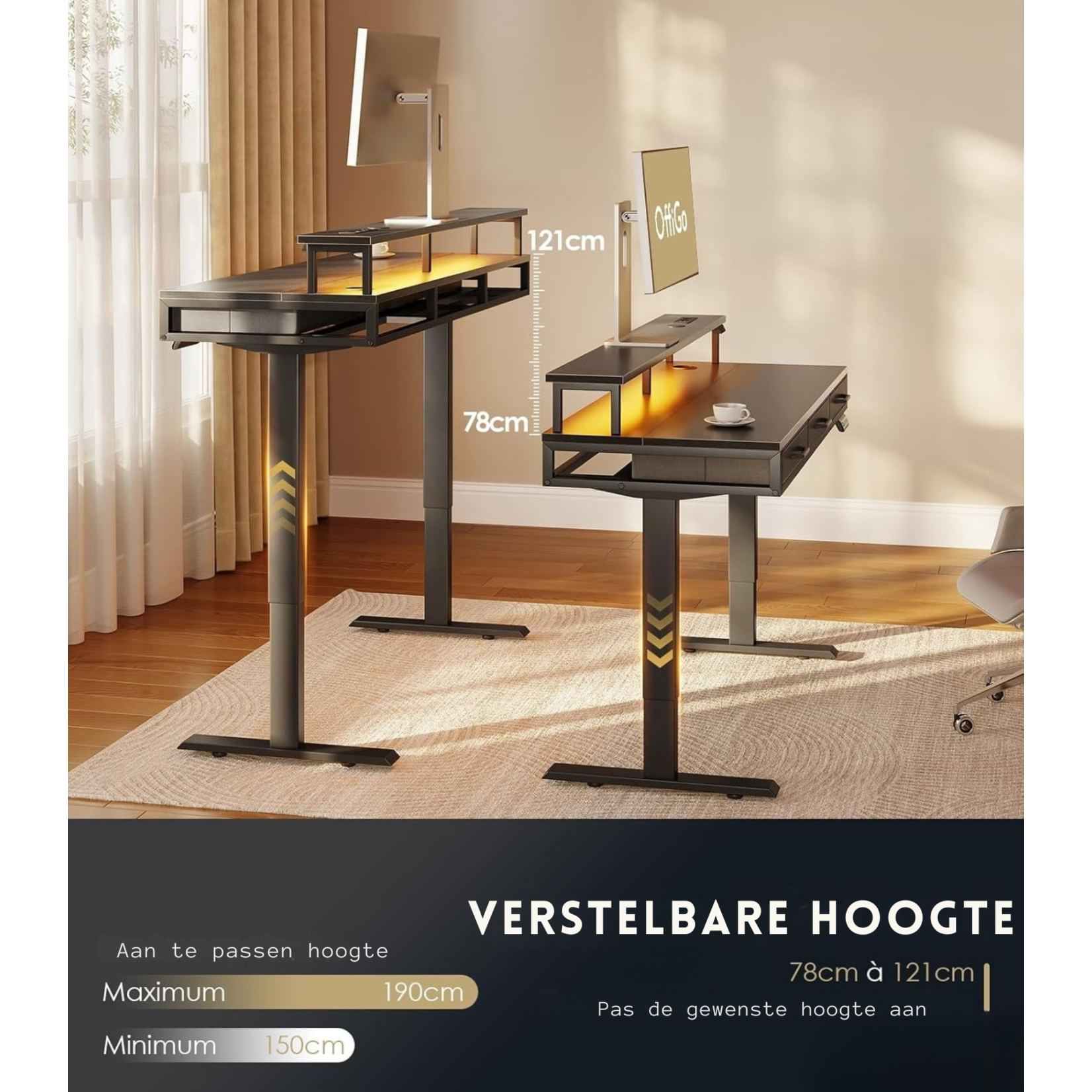 Parya Home Elektrisch Verstelbaar Bureau 120 x 54 cm – Zwart -  Met 2 Lades, Monitorstandaard, Toetsenbordlade, LED-verlichting & 3 Geheugenstanden
