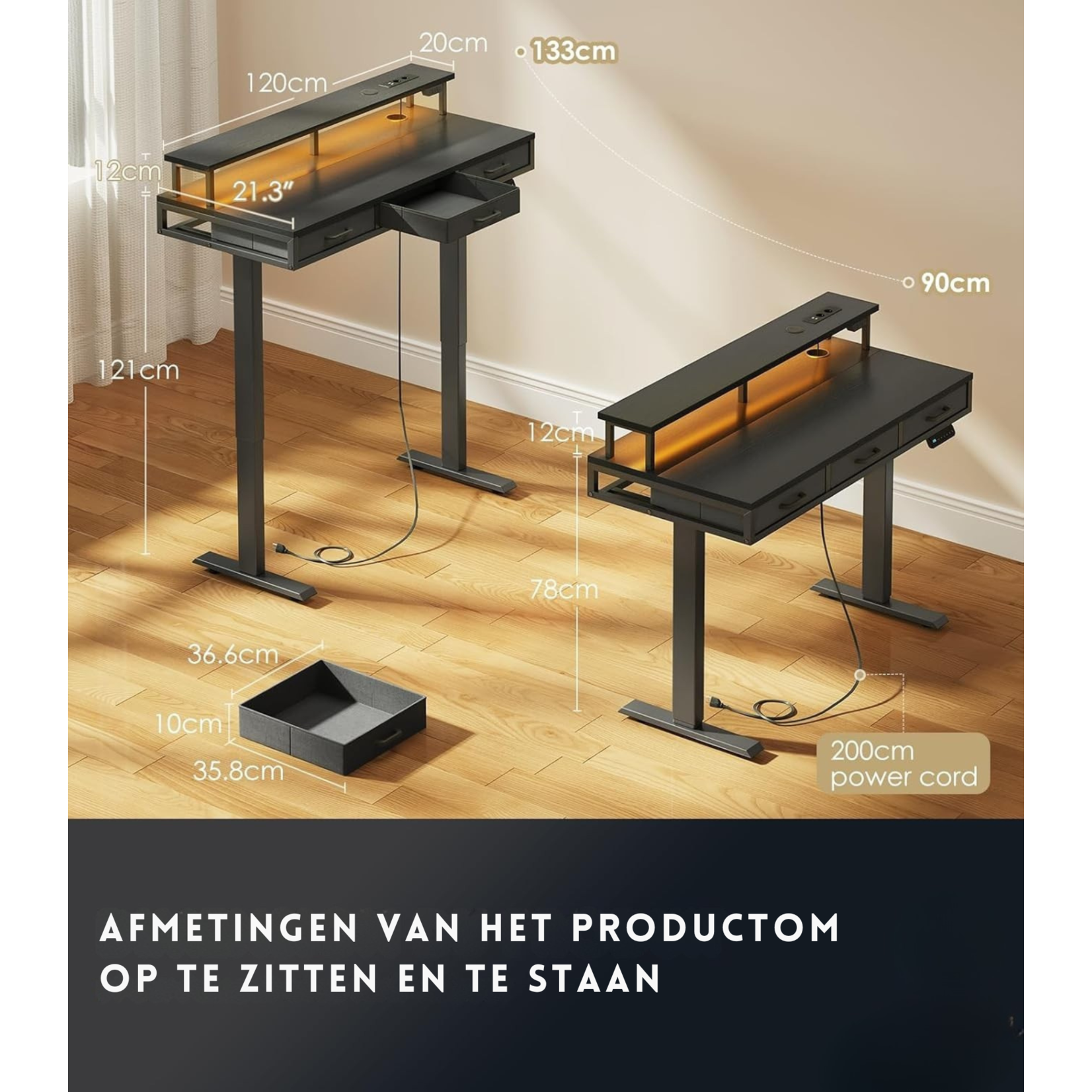 Parya Home Parya Home Electric Height Adjustable Desk 120 x 54 cm – Black – With 2 Drawers, Monitor Stand, Keyboard Tray, LED Lighting & 3 Memory Presets