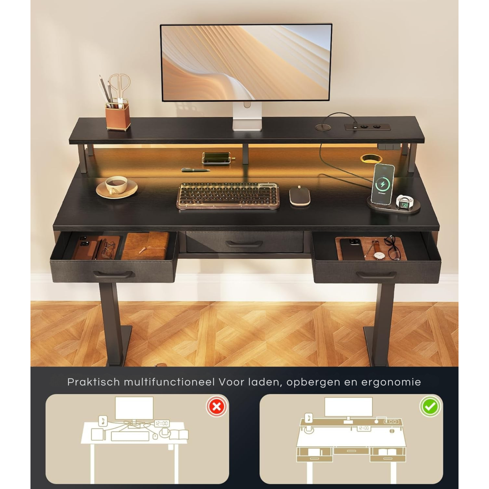 Parya Home Electric Height Adjustable Desk 120 x 54 cm – Black – With 2 Drawers, Monitor Stand, Keyboard Tray, LED Lighting & 3 Memory Presets