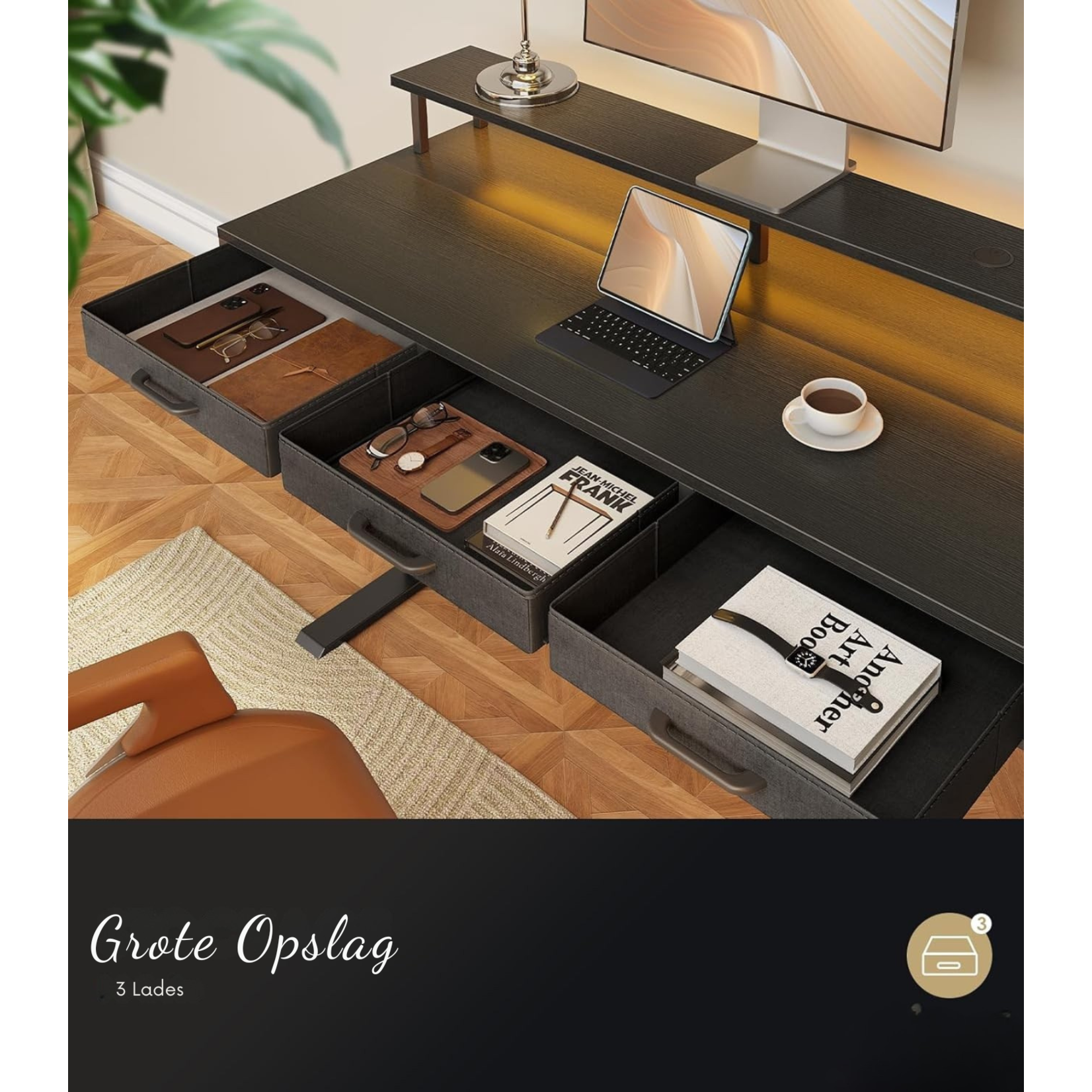 Parya Home Parya Home Electric Height Adjustable Desk 120 x 54 cm – Black – With 2 Drawers, Monitor Stand, Keyboard Tray, LED Lighting & 3 Memory Presets