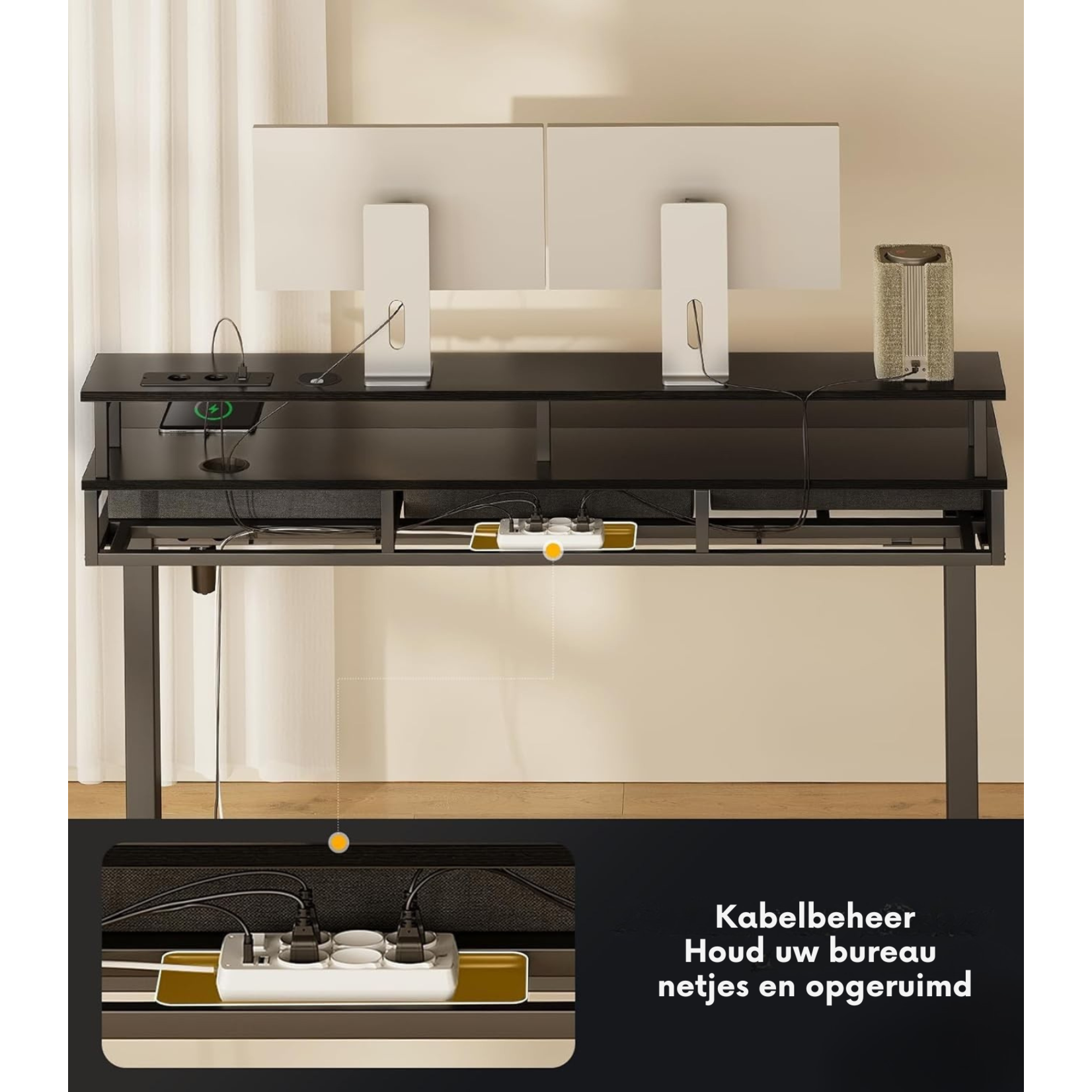 Parya Home Parya Home Elektrisch Verstelbaar Bureau 120 x 54 cm – Zwart -  Met 2 Lades, Monitorstandaard, Toetsenbordlade, LED-verlichting & 3 Geheugenstanden