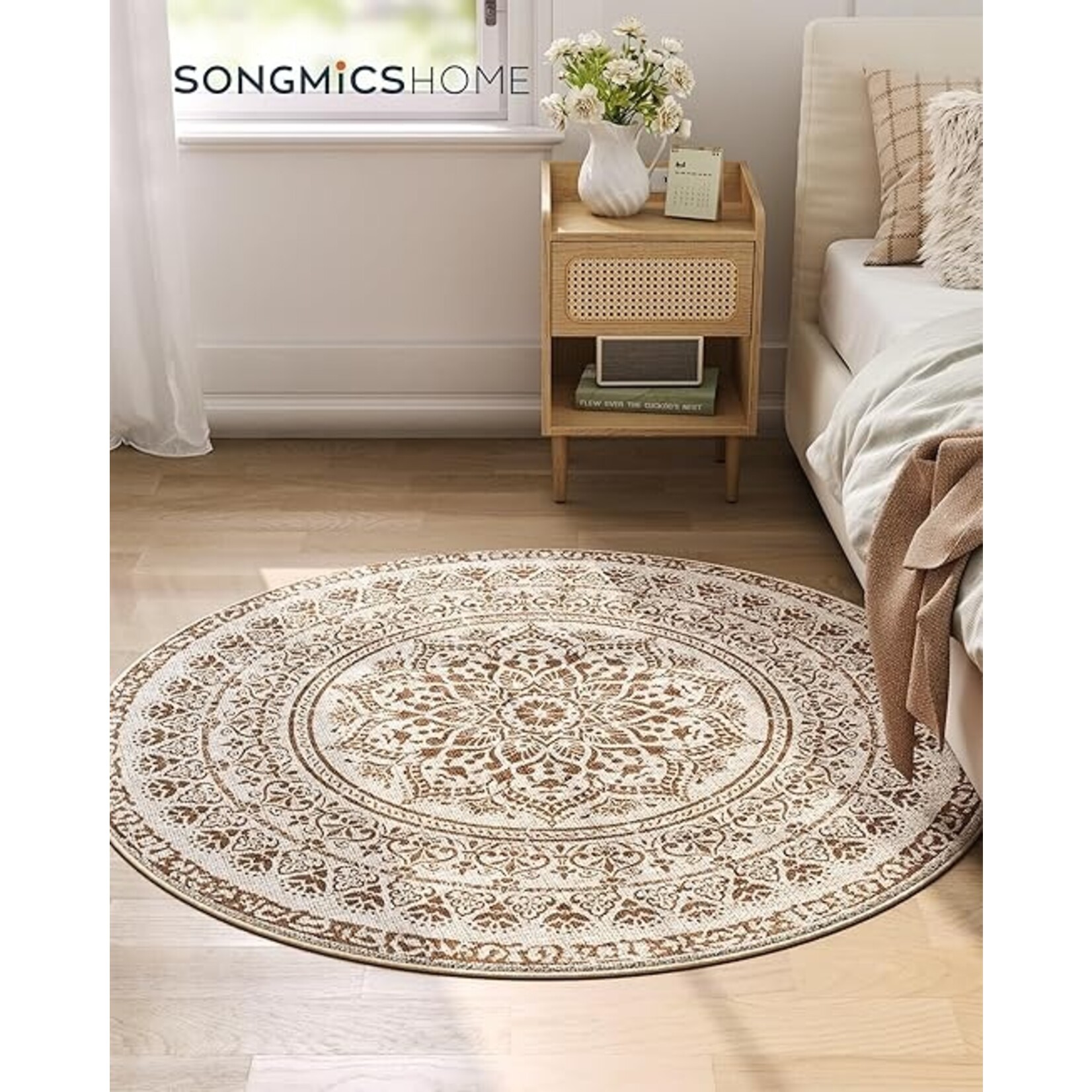 Parya Home Parya Home Round Rug Diameter 120 cm – Non-slip Carpet – For Living Room, Bedroom, Under Armchair – Machine Washable – Boho Style – Cappuccino Beige