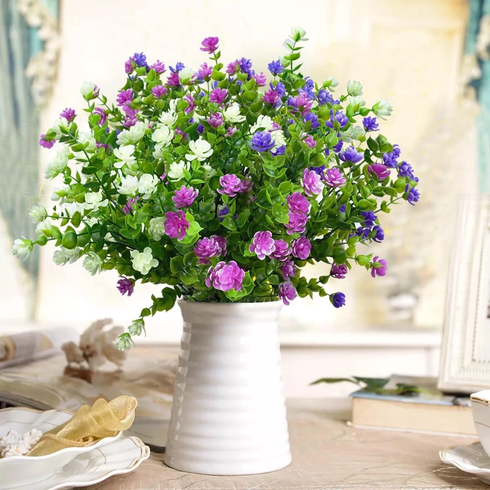 6 bunches of artificial flowers, balcony, artificial flowers, weatherproof, artificial plants, outdoor, flower bouquet, plants, UV-resistant, balcony plants, perfect for balcony boxes, indoor, outdoor, garden, outdoor (type A)
