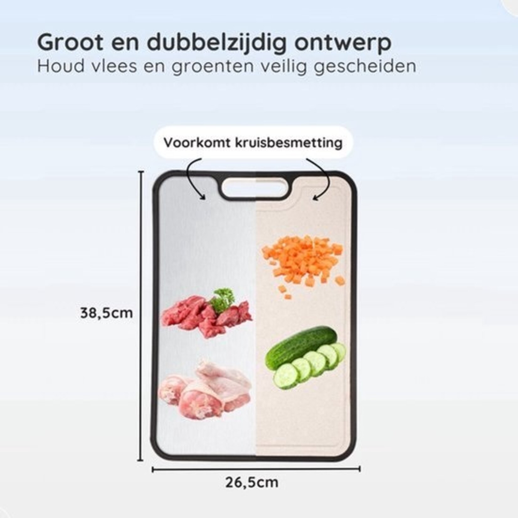 Dutch Wanted - 100% stainless steel cutting board, double-sided with wheat fibre side - Avoid microplastics - Hygienic - Grater function - Dishwasher safe - Non-slip
