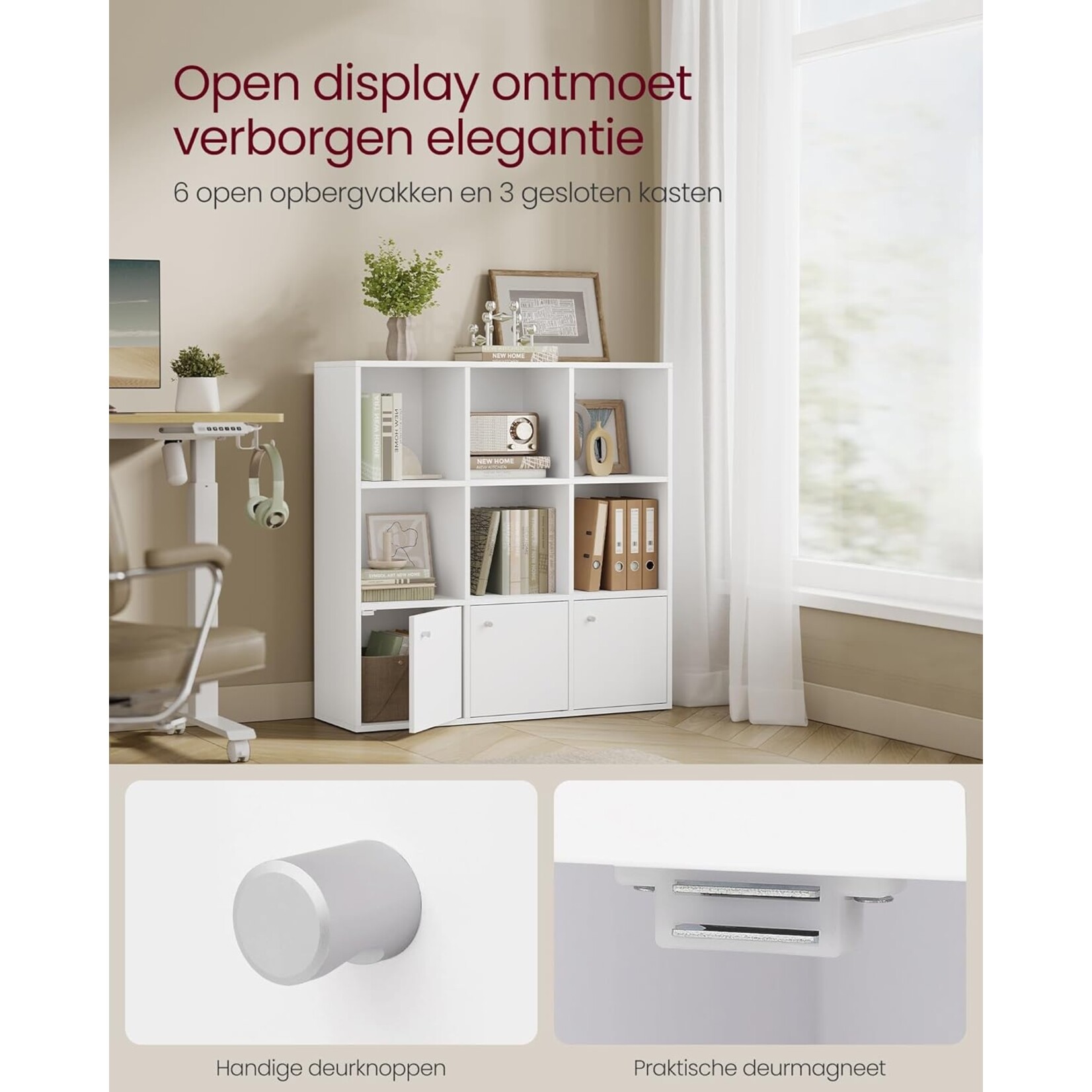 Storage cabinet with 6 open compartments and 3 doors - White